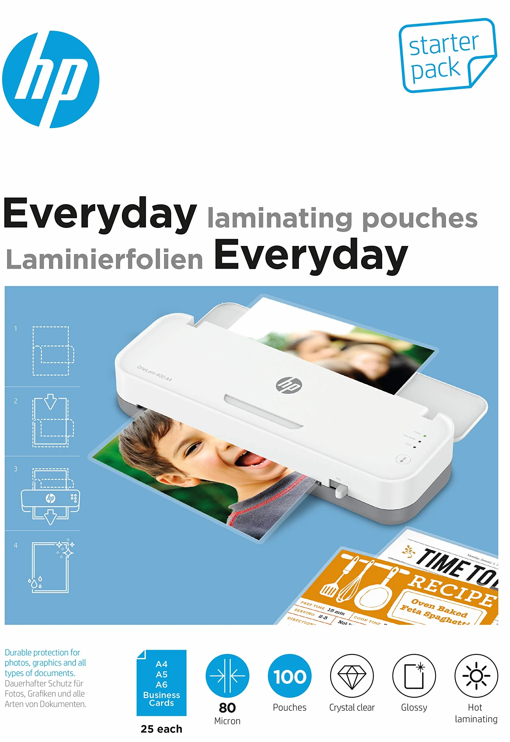 HP Everyday 9158 folie do laminowania, zestaw startowy, 80 mikronów, błyszczące, przezroczyste, do laminowania na gorąco, 100 sztuk