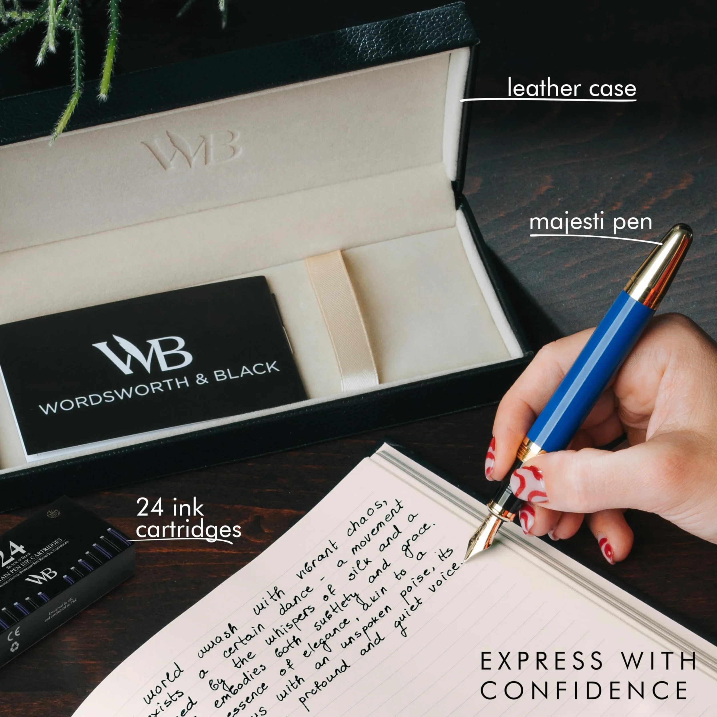 Wordsworth & Black Majesti Pióro wieczne (niebieskie) z luksusowym etui, wykończenie 24-karatowym złotem, średnia stalówka, 18-karatowa złota stalówka, wkłady atramentowe, konwerter atramentu,