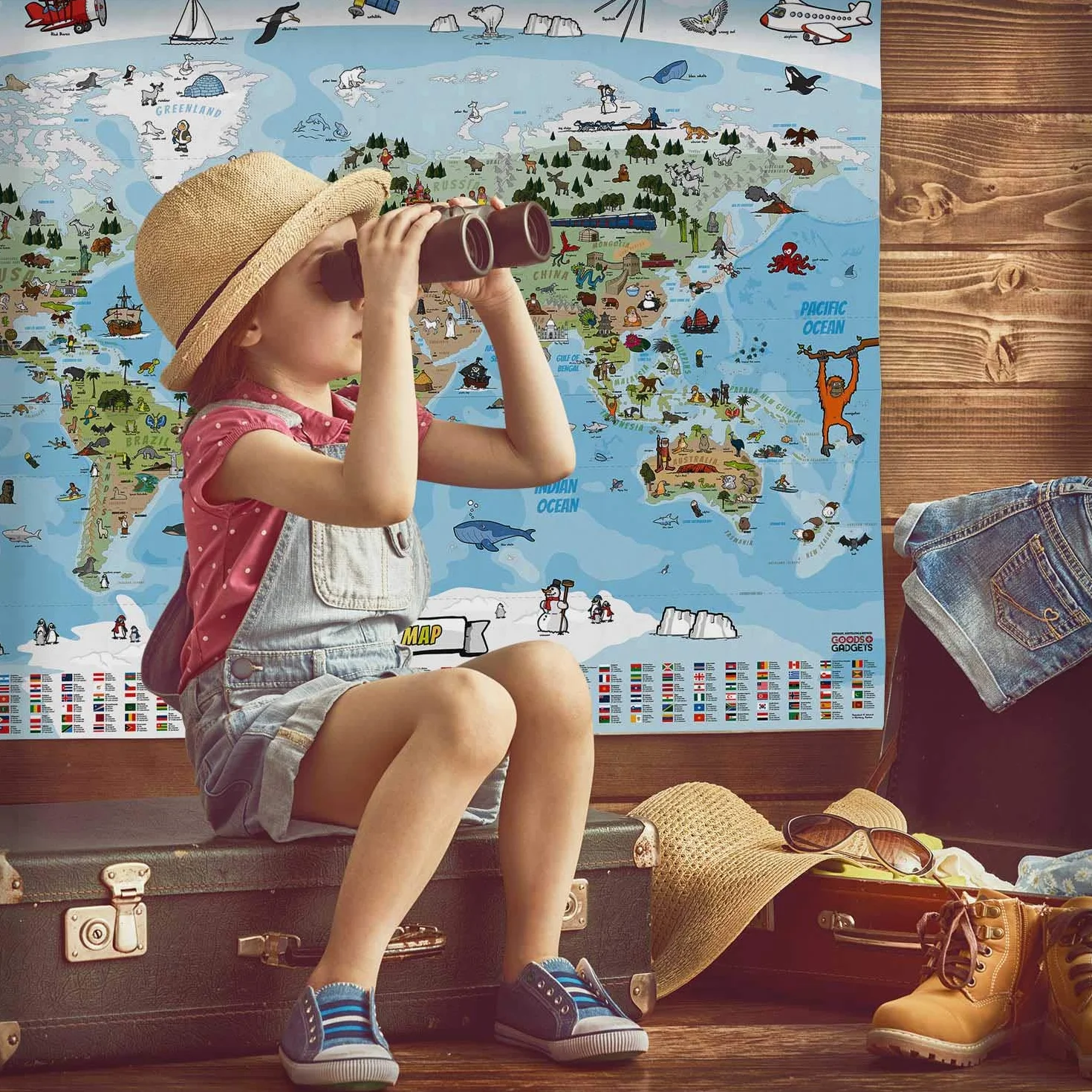 Towar + gadżety - panoramiczna mapa świata dla dzieci w rozmiarze XXL - 140 x 100 cm, całkowicie ręcznie rysowana i kolorowana (Angielski)