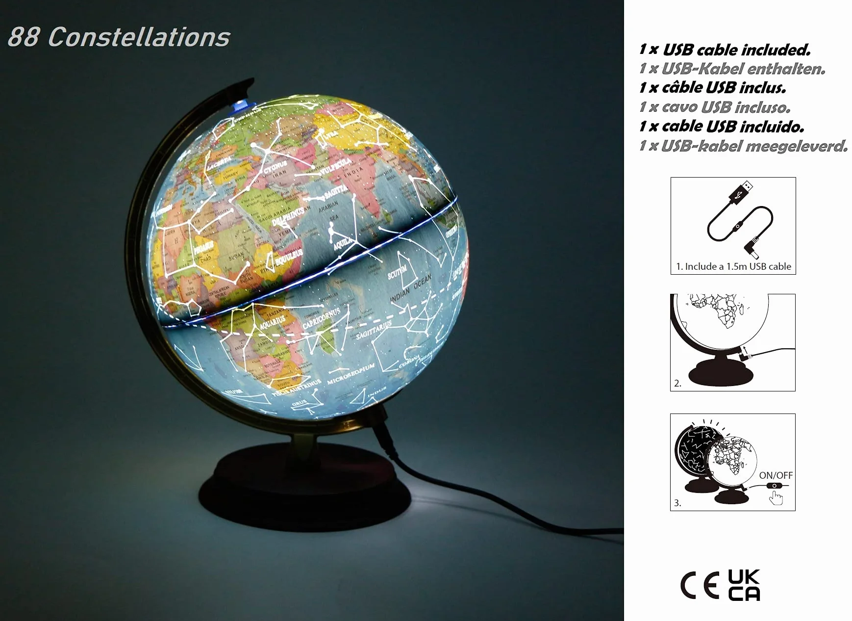 EXERZ Podświetlany Światowy Globus O Średnicy 20 Cm Drewniana Podstawa - Mapa Polityczna W Języku Angielskim (W Ciągu Dnia) - Gwiazdy Konstelacji (Noc) - Lampa LED 2 W 1 - Zabawa I Edukacja, Dom I Szkoła