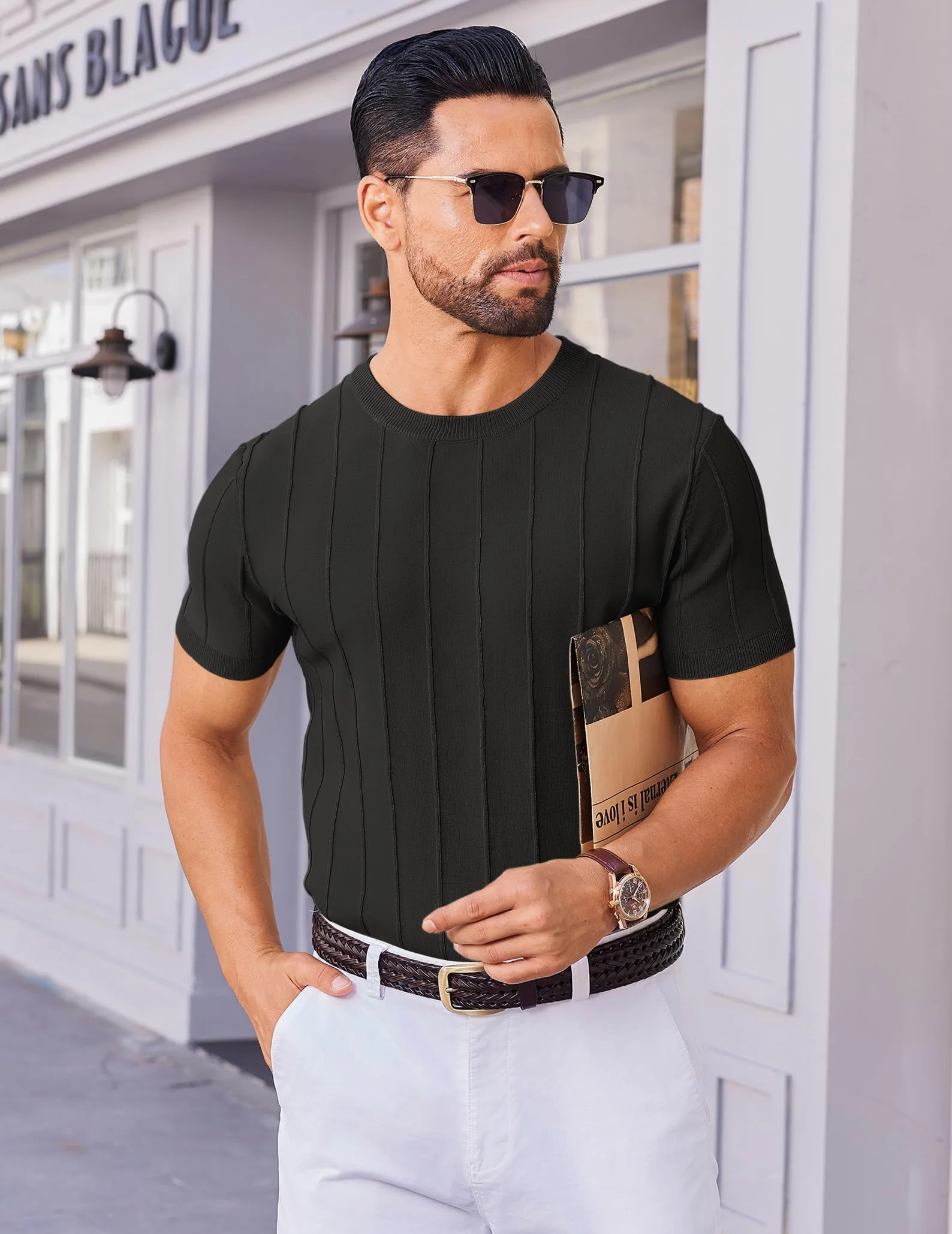 COOFANDY Męski T-shirt z krótkim rękawem, oryginalna dzianina z okrągłym dekoltem, na lato, na co dzień, w paski