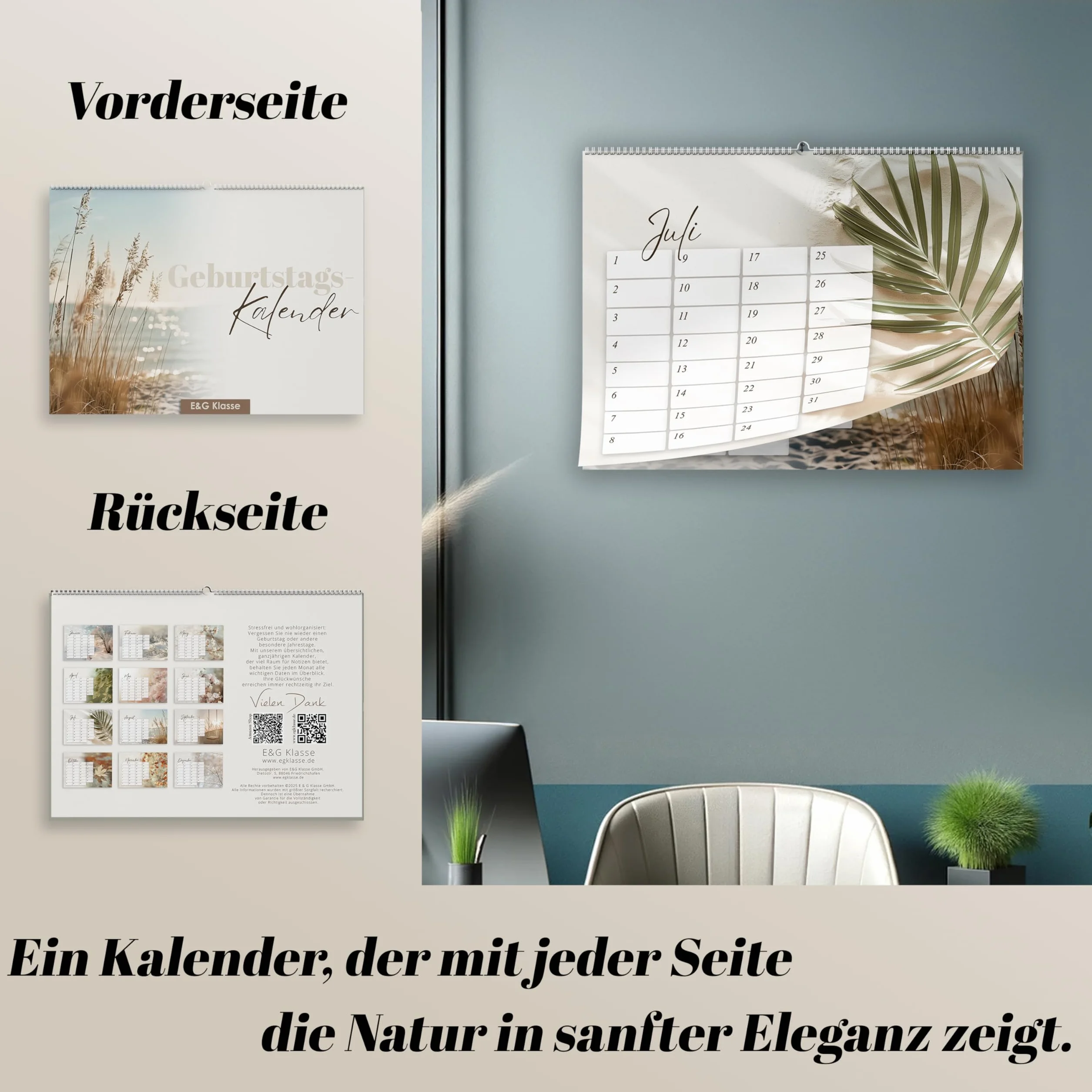 Kalendarz urodzinowy bez daty, planer urodzinowy, kalendarz ścienny A5, do wielokrotnego użytku, do zawieszenia, beżowy, styl boho, naturalny