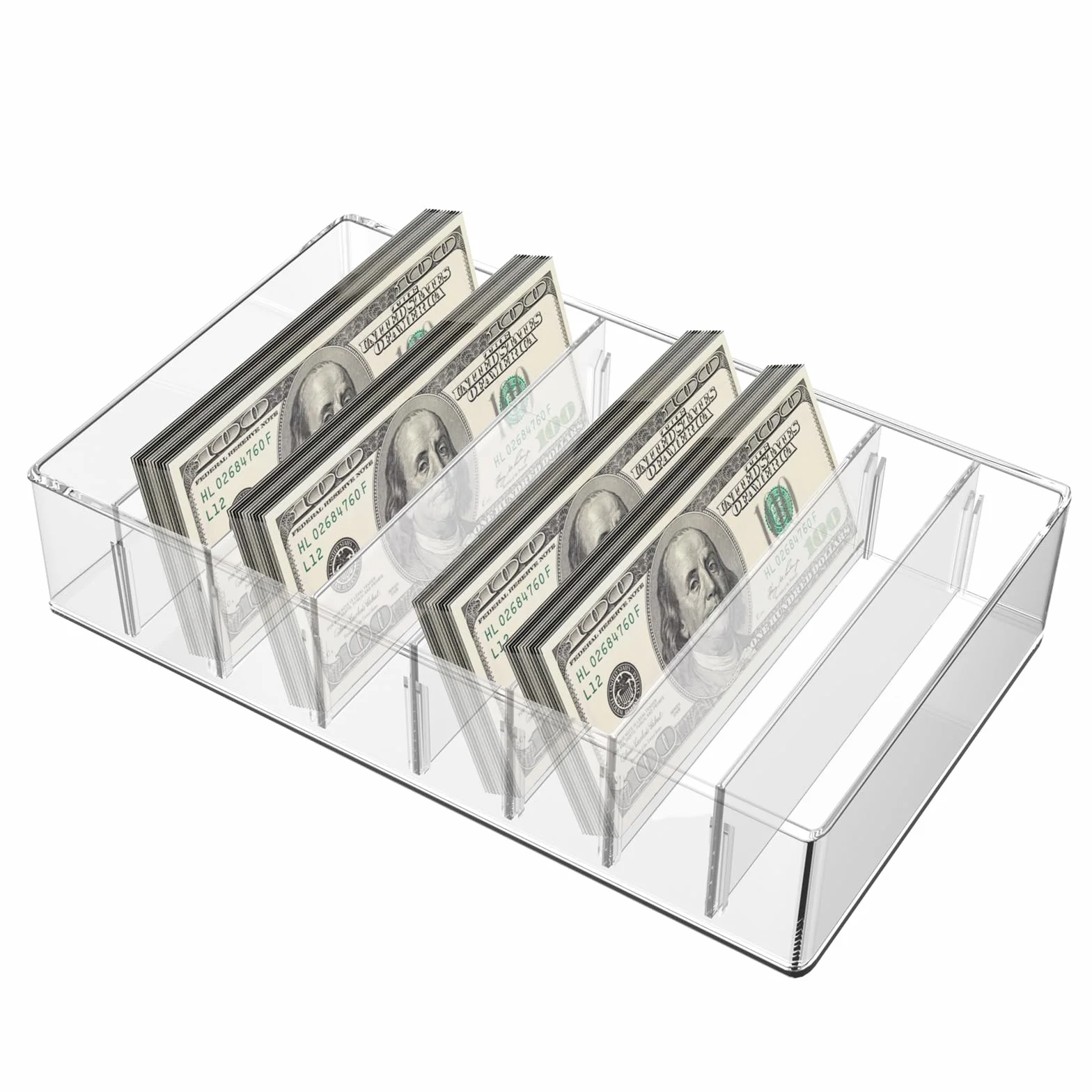 Akrylowy organizer na gotówkę, 8 przegródek, przezroczysty, zdejmowany schowek na pieniądze, taca, banknoty, pudełko do przechowywania kopert, 26 x 18 x 5,5 cm