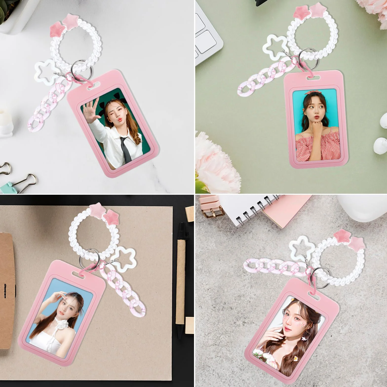 Amaxiu Akrylowe Etui na Karty Fotograficzne - Kpop, Ramka do Ekspozycji, Organizator z Kółkiem na Klucze (Różowy B)