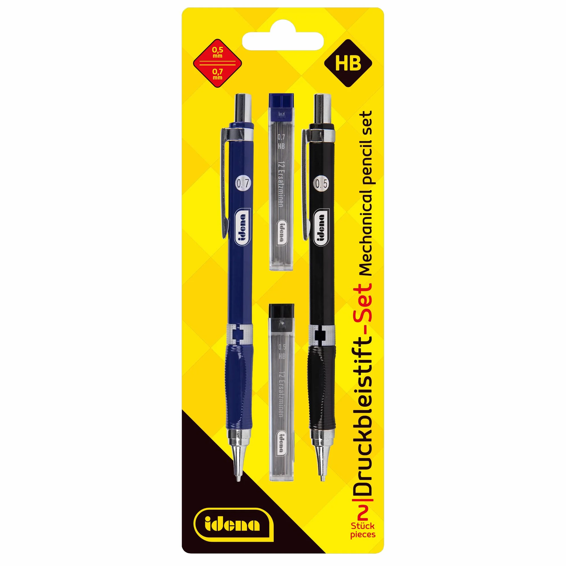 Idena 12145 - Zestaw ołówków mechanicznych, 2 sztuki, 0,5 i 0,7 mm, każdy z 12 zapasowymi końcówkami