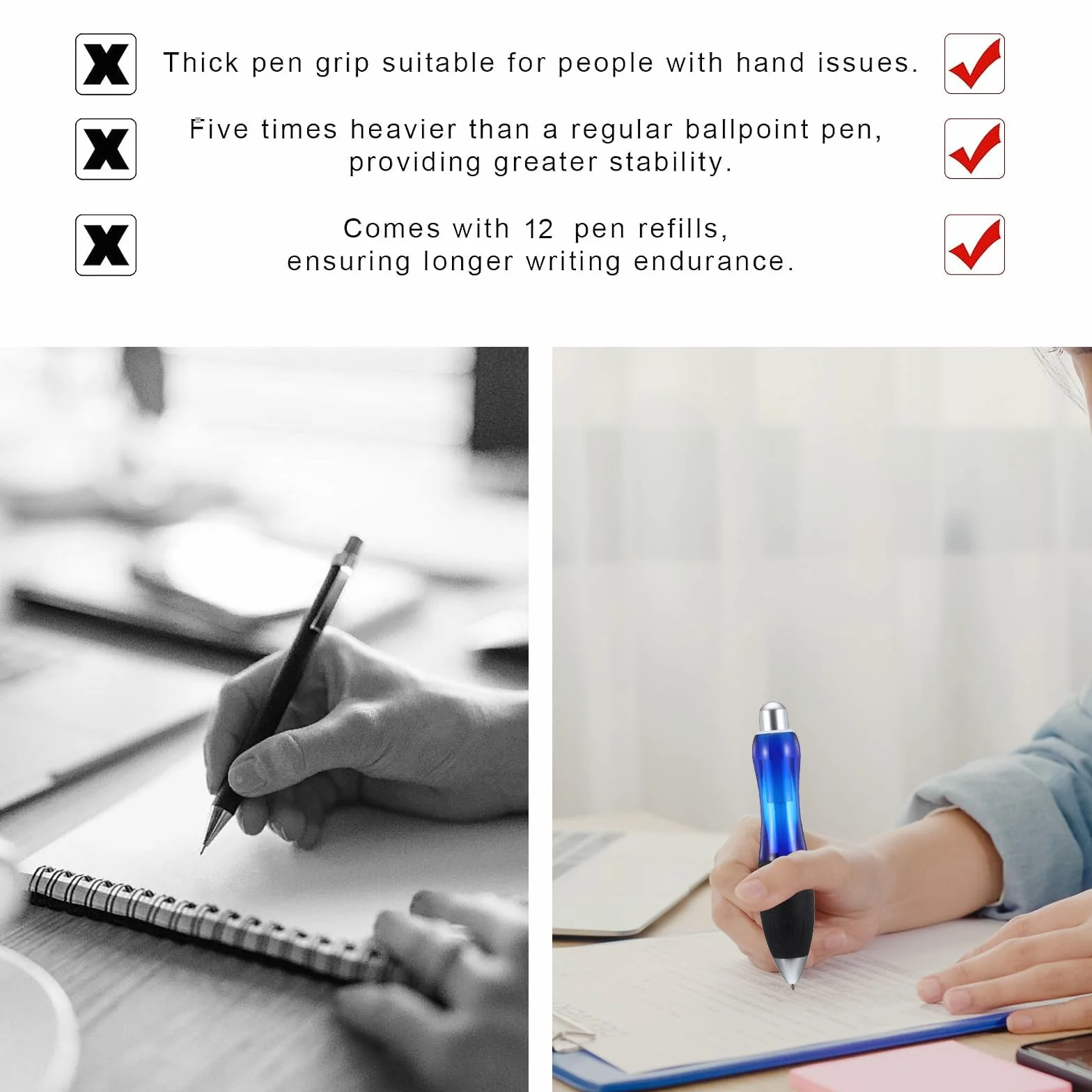14 dużych, grubych długopisów, szeroki uchwyt z linką, ergonomiczny długopis na drżenie, artretyzm, chorobę Parkinsona, niepełnosprawność (2 długopisy + 6 niebieskich wkładów + 6 czarnych