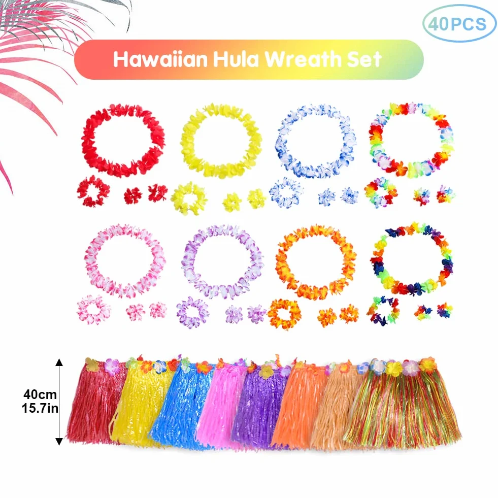 40 szt. hawajskich fantazyjnych sukienek z 8 szt. hawajskiej spódnicy Leis, 8 szt. 40 cm spódnica z trawy hula, 8 szt. opasek na głowę i 16 szt. opasek na nadgarstek, hawajska spódnica kostiumowa dla
