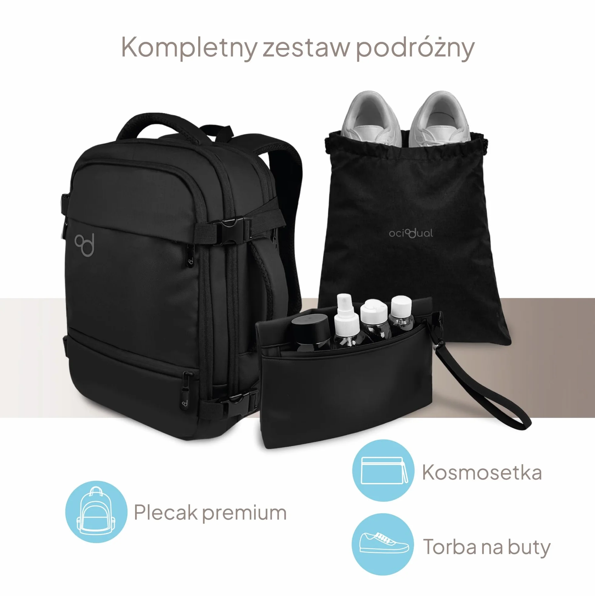 OcioDual Plecak podręczny Ociodual 40 × 30 × 20 cm, rozszerzalny plecak kabinowy, torba kabinowa z przegrodą na laptopa, wieloma kieszeniami i otwarciem 180°, czarny