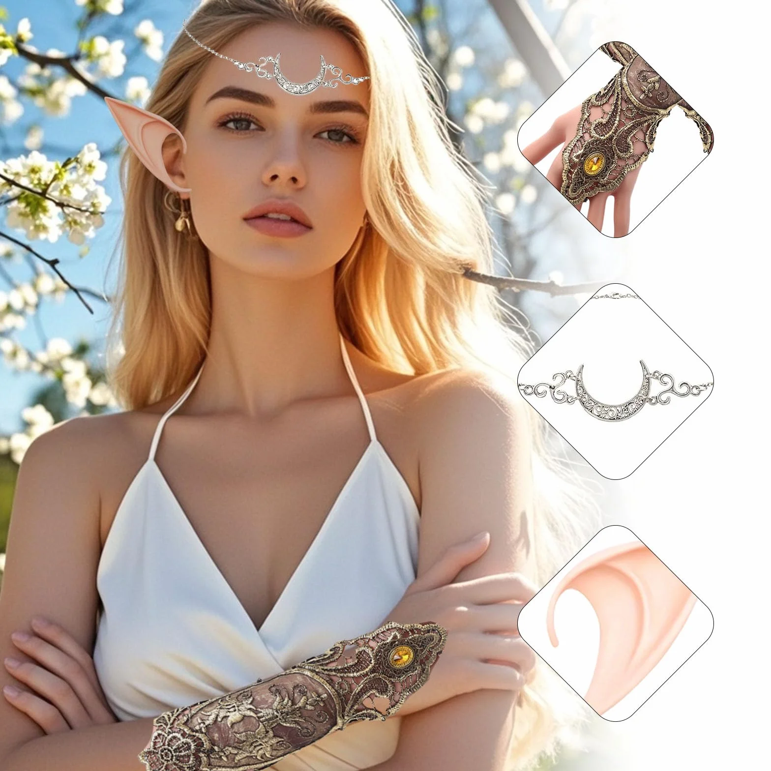 Zestaw elfi - diadema księżycowa, złote rękawiczki, vintage rękawiczki z koronką, uszy elfów, długie i krótkie uszy aniołków, do Cosplay, karnawału, Halloween