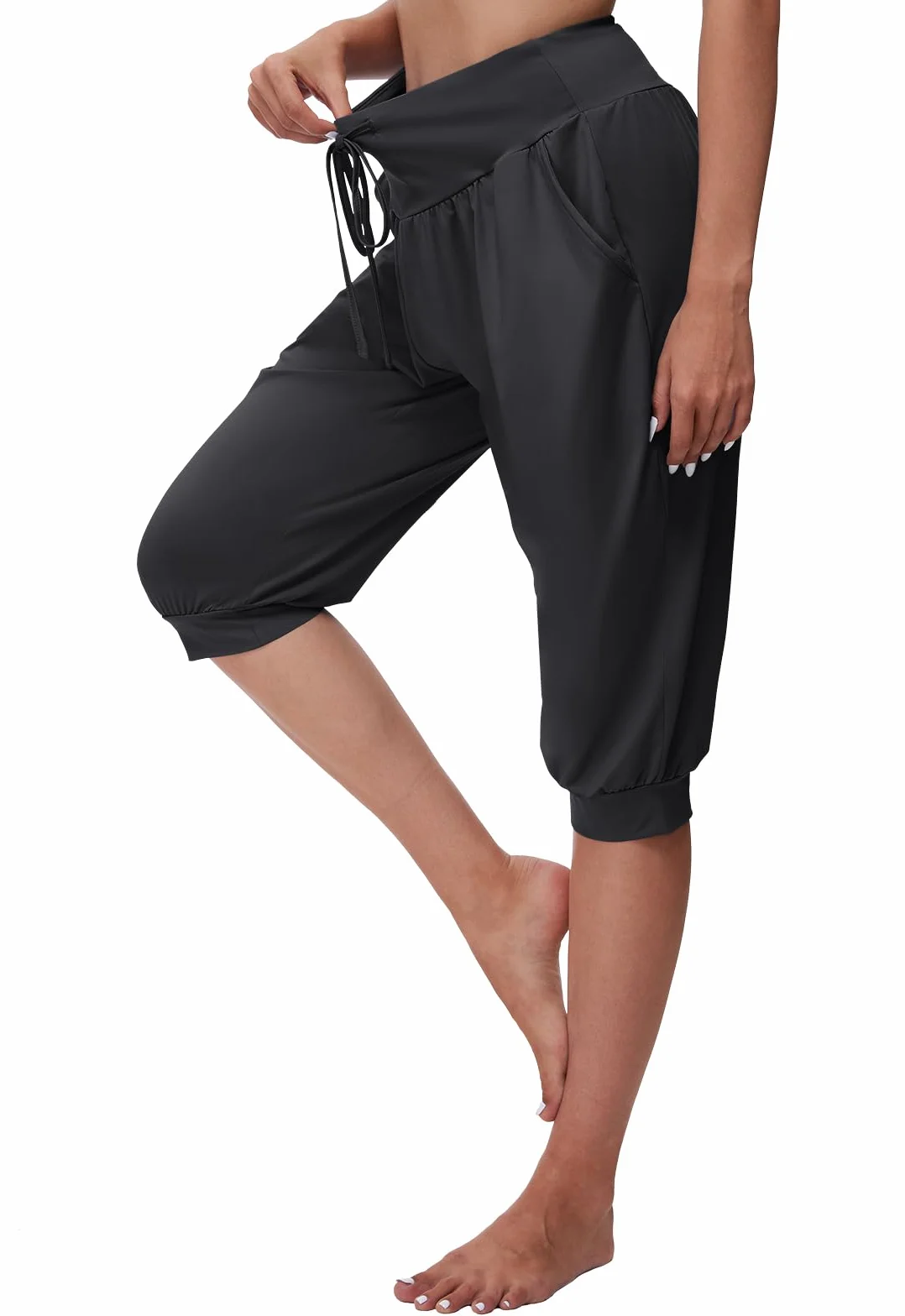 BATHRINS Damskie spodnie haremki 3/4 do jogi, spodnie do joggingu, spodnie capri, letnie spodnie do pilatesu, lekkie spodnie sportowe z kieszeniami, sznurek