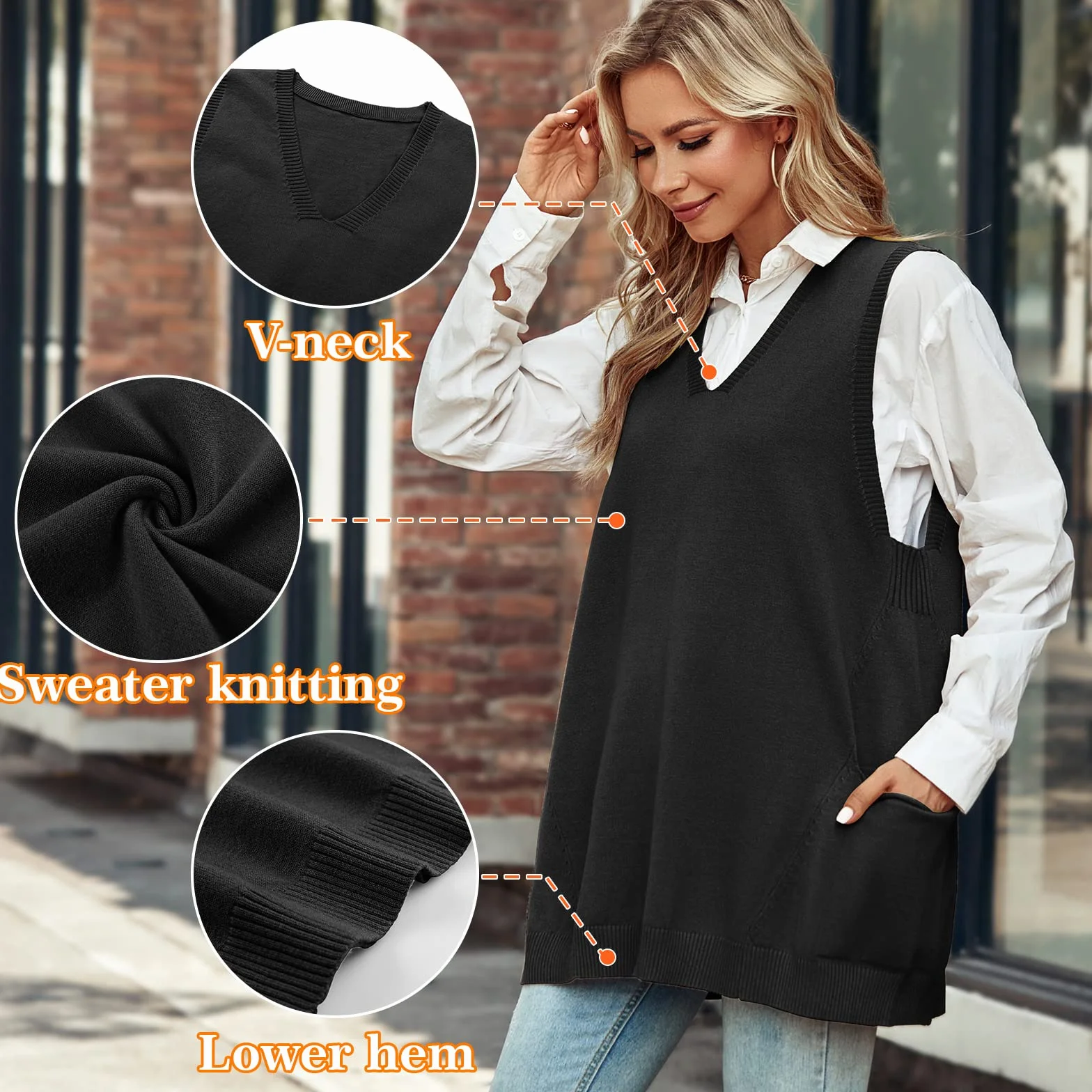 Xnova Damski sweter oversize, dekolt w serek, dzianinowa kamizelka, sweter bez rękawów, długi sweter z dzianiny, na czas wolny, na jesień i zimę