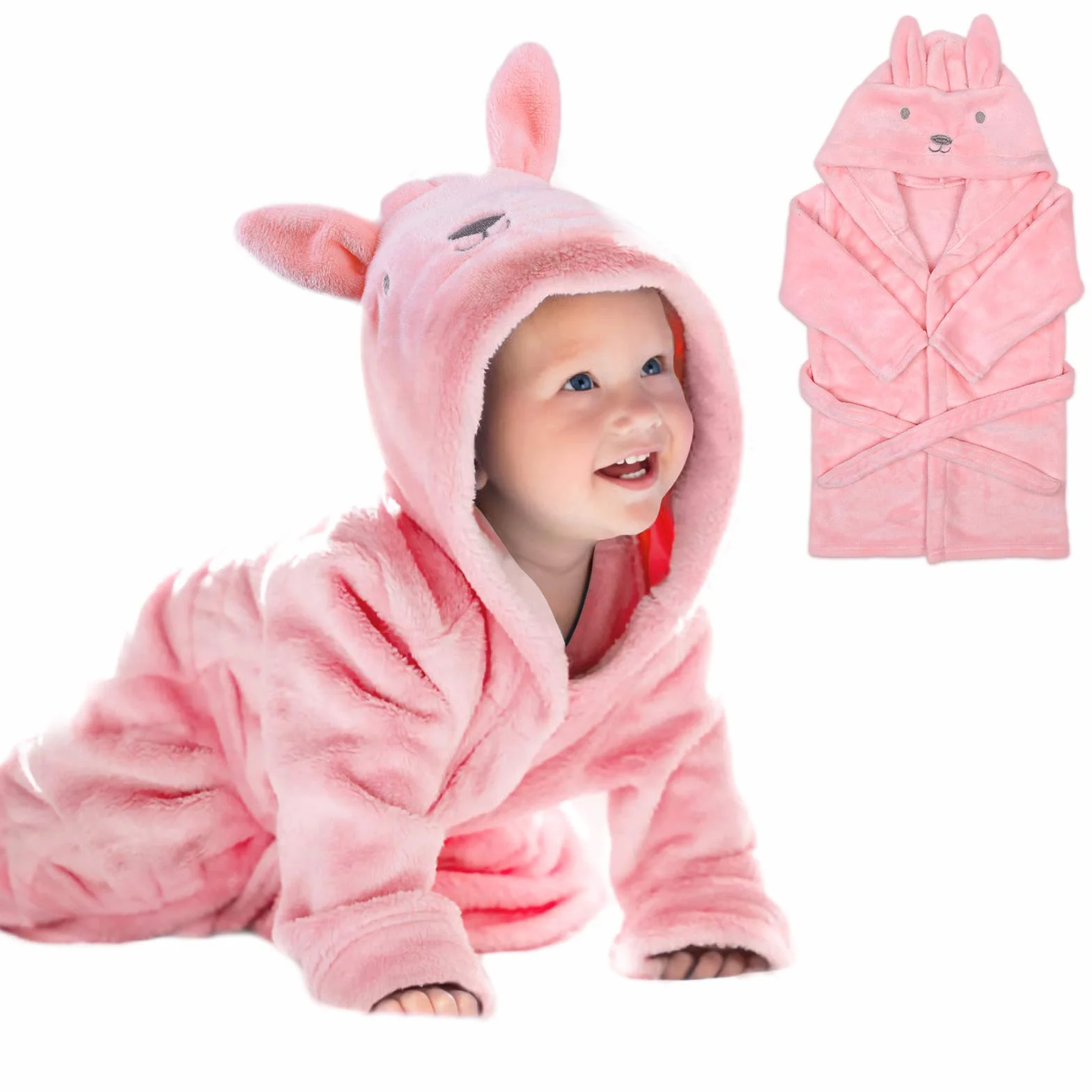 URAQT Szlafrok dziecięcy dla dziewczynek, różowy królik 3D, super miękki flanelowy ręcznik kąpielowy z kapturem, szlafrok kąpielowy ze zwierzętami, bielizna nocna dla 0-3 lat, Różowy królik