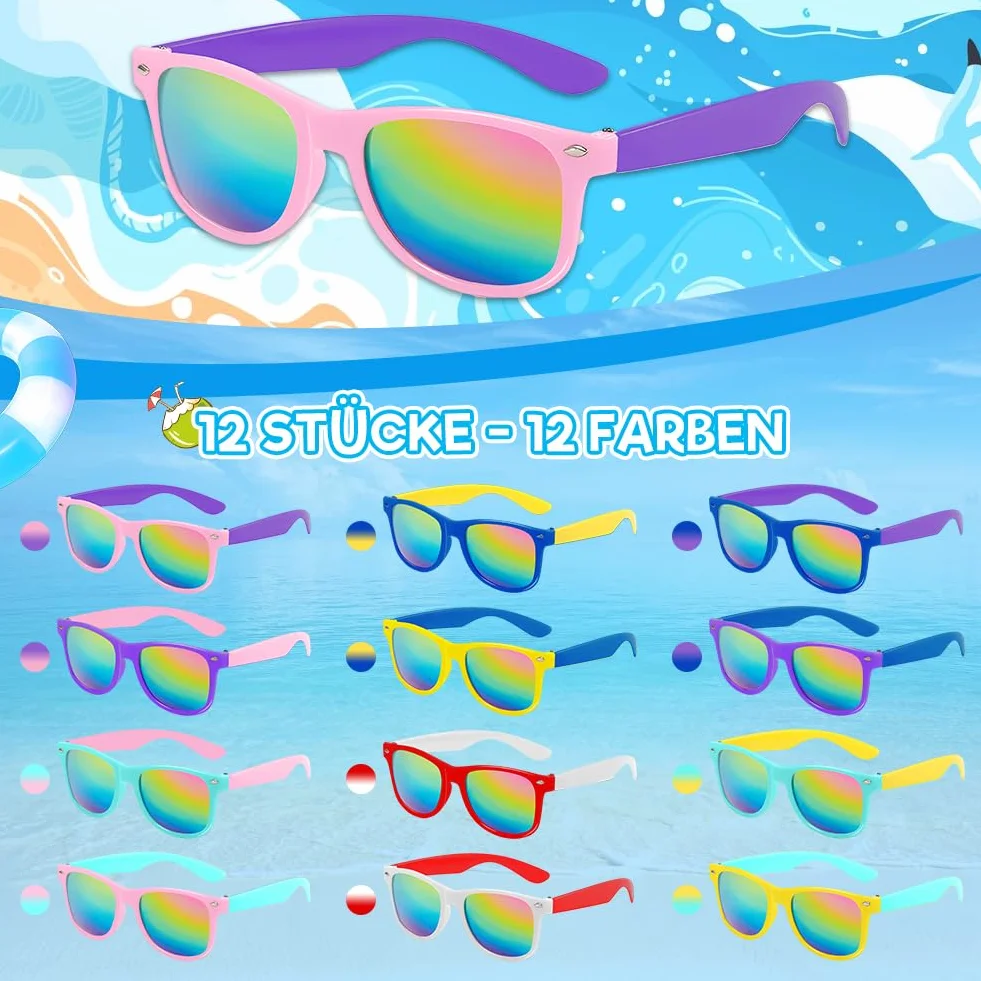 Joycabin 12 sztuk dziecięcych okularów przeciwsłonecznych dla chłopców i dziewczynek, okulary imprezowe z ochroną UV400, neonowy kolor, zabawne okulary przeciwsłoneczne na lato, plażę, akcesoria