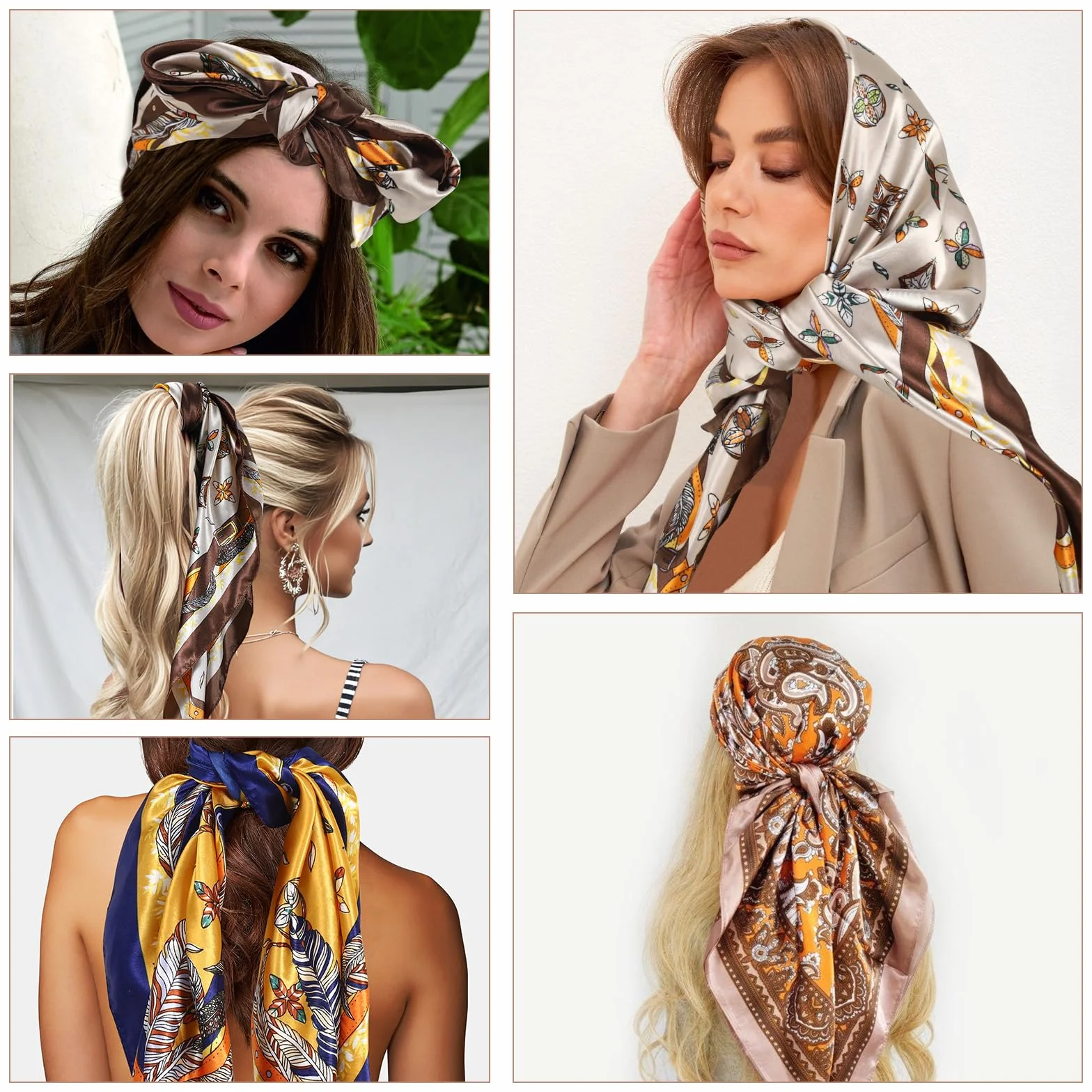 4 sztuki jedwabnych chustek na głowę dla kobiet, 90 x 90 cm Duże Kwadratowe Satynowe chusta na głowę dla kobiet, na lato, satynowa bandana dla dziewcząt, ozdoba do włosów