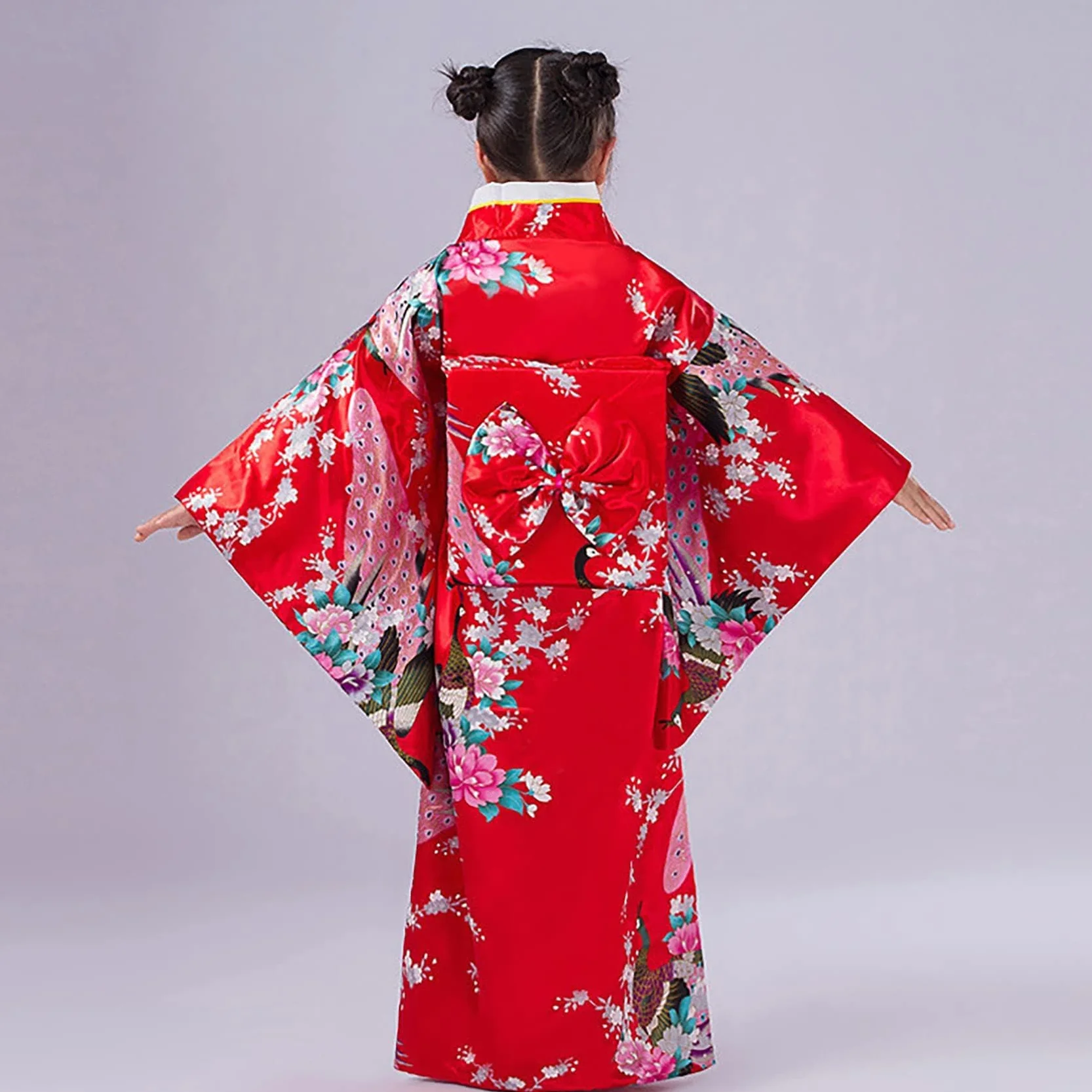 Yukata kimono dla dziewczynek, styl japoński, tradycyjny strój, jedwabny materiał, strój ślubny, na imprezę, do występów, czerwony, 140