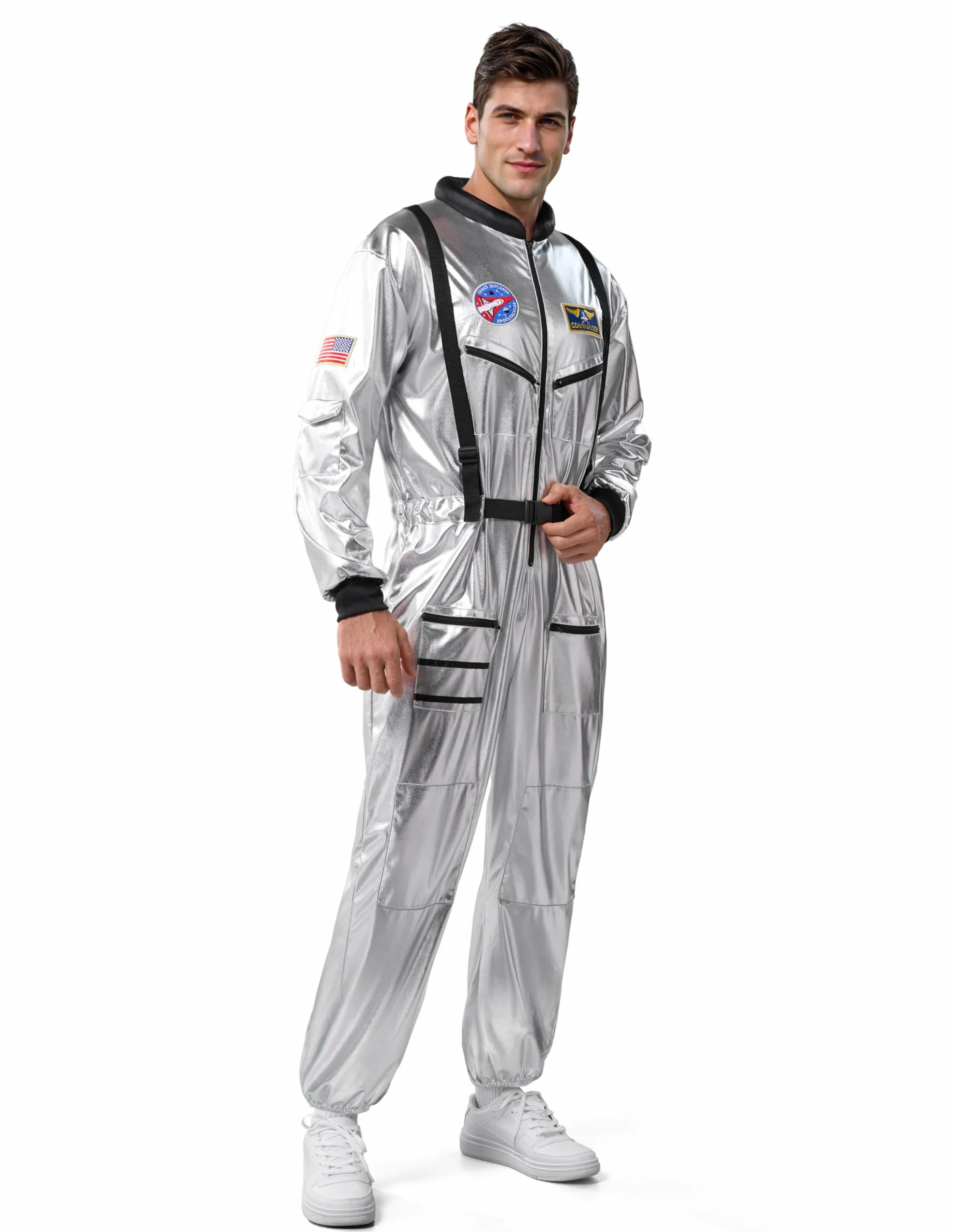 Spooktacular Creations Kostium astronauty na Halloween, męski, srebrny kombinezon kosmiczny, kombinezon pilota, strój na imprezy cosplay