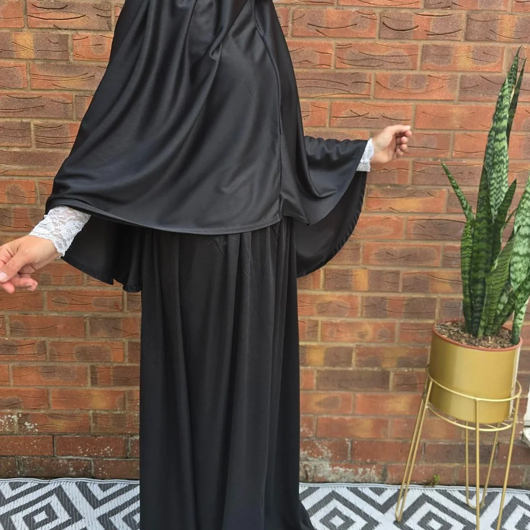Zestaw modlitewny dwuczęściowy (khimar + spódnica) jeden rozmiar wciągana chusta na głowę elastyczna lycra idealna na co dzień/do domu/pracy/podróży/hadżdż/umrah/meczet/madrasa/ramadan/eid/prezent