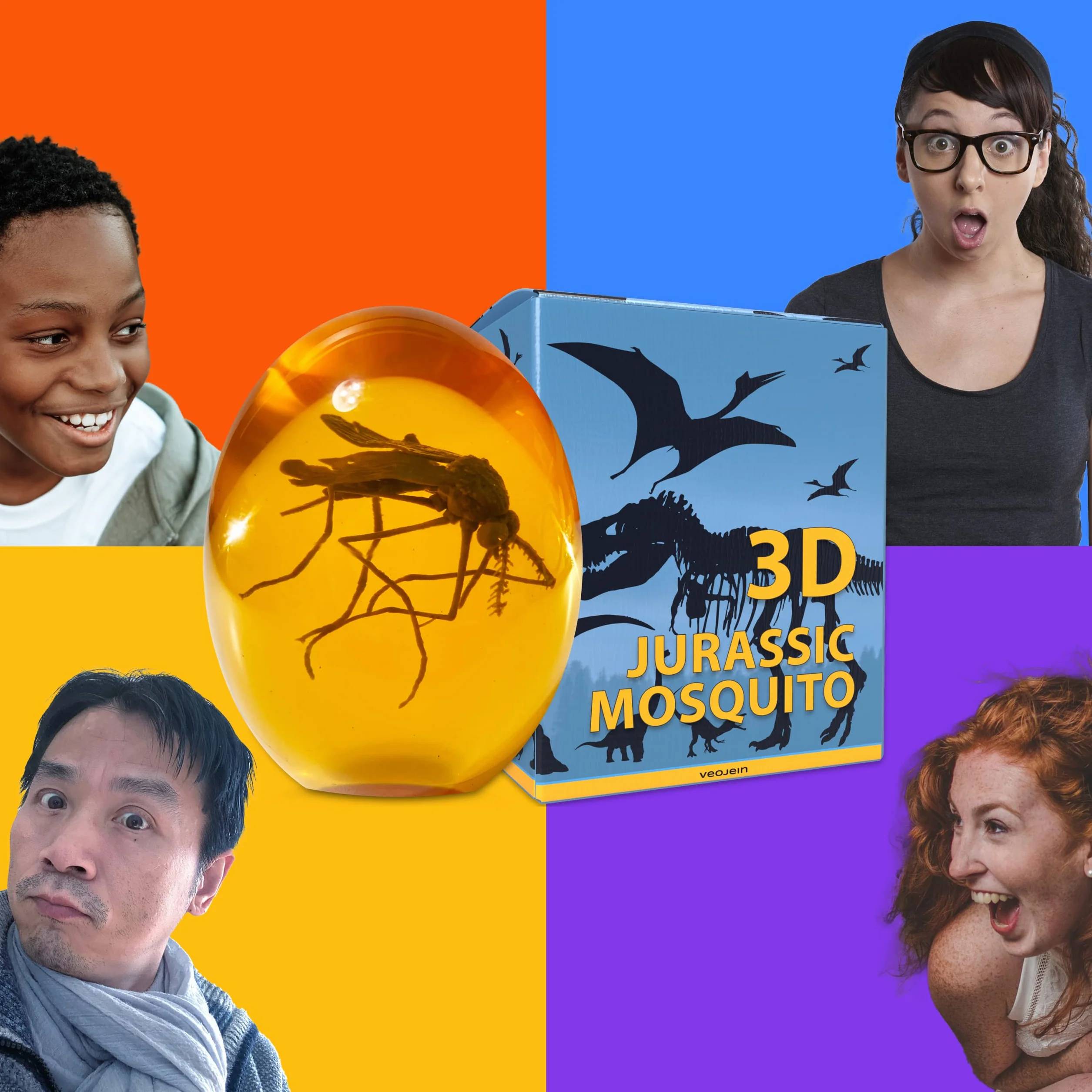 VEOJEIN Komar jurajski 3D - komar w bursztynie - realistyczna kolekcja jurajska - płaski przycisk do papieru z żywicy - DNA dinozaura