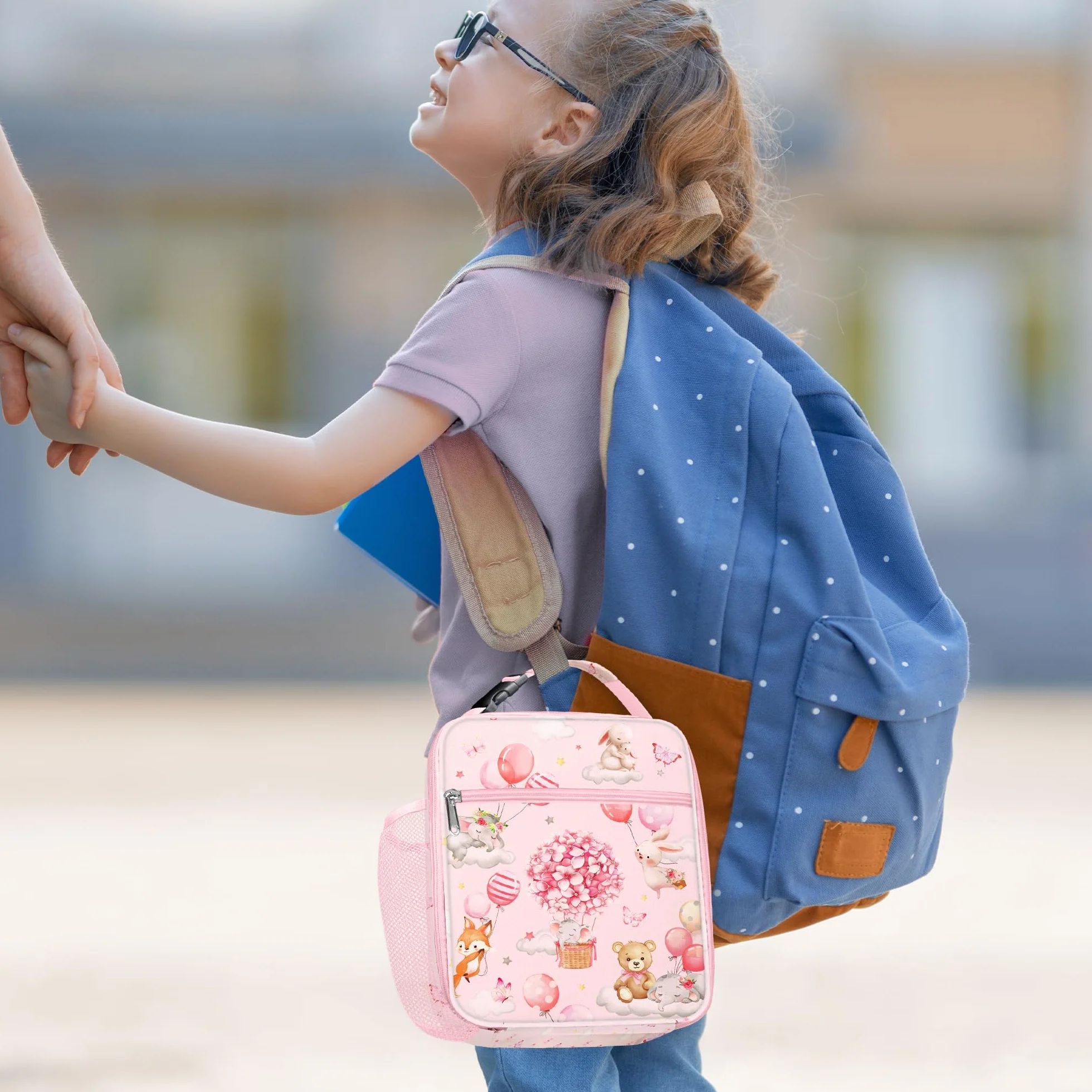 Clastyle Różowa izolowana torba na lunch dla dzieci duża termiczna torba chłodząca dla dziewczynki piknik szkoła pudełko na lunch torba, balon zwierzę
