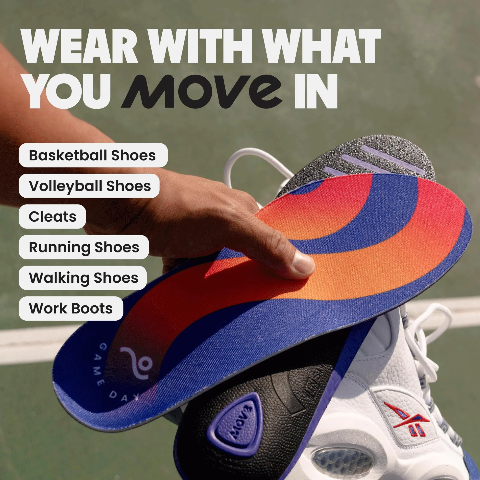 MOVE Game Day Uniwersalne wkładki do butów, przeciw płaskostopiu i zapaleniu powięzi podeszwowej, amortyzacja wstrząsów, wsparcie łuku stopy, do koszykówki, chodzenia i sportu, rozmiar 45-46