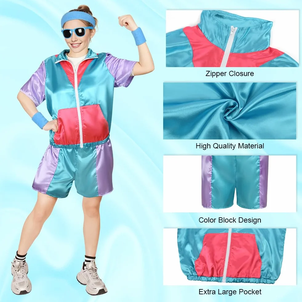 Aomig Strój hip-hopowy z lat 90. XX wieku, modny kostium z lat 80. i 90., odzież sportowa, do dyskoteki, z opaskami na nadgarstek, disco, fantazyjna sukienka w stylu lat 80. XX wieku, dres na