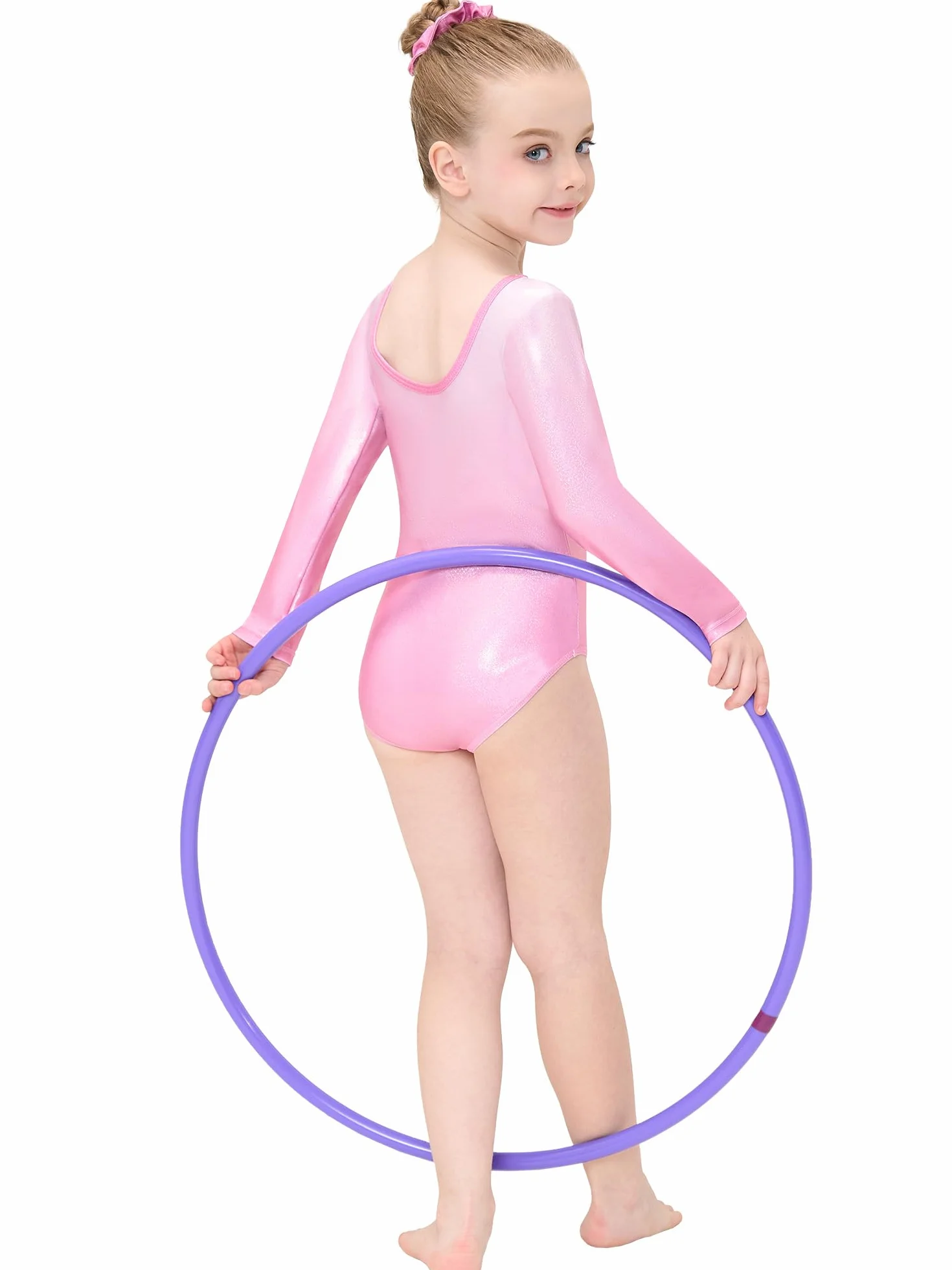 Gogokids Dziewczęce trzyczęściowe koszulki gimnastyczne, zestaw gimnastyczny z długim rękawem z szortami i opaską na głowę, błyszczący trykot taneczny z gradientowym kolorem, dla 3-12 lat