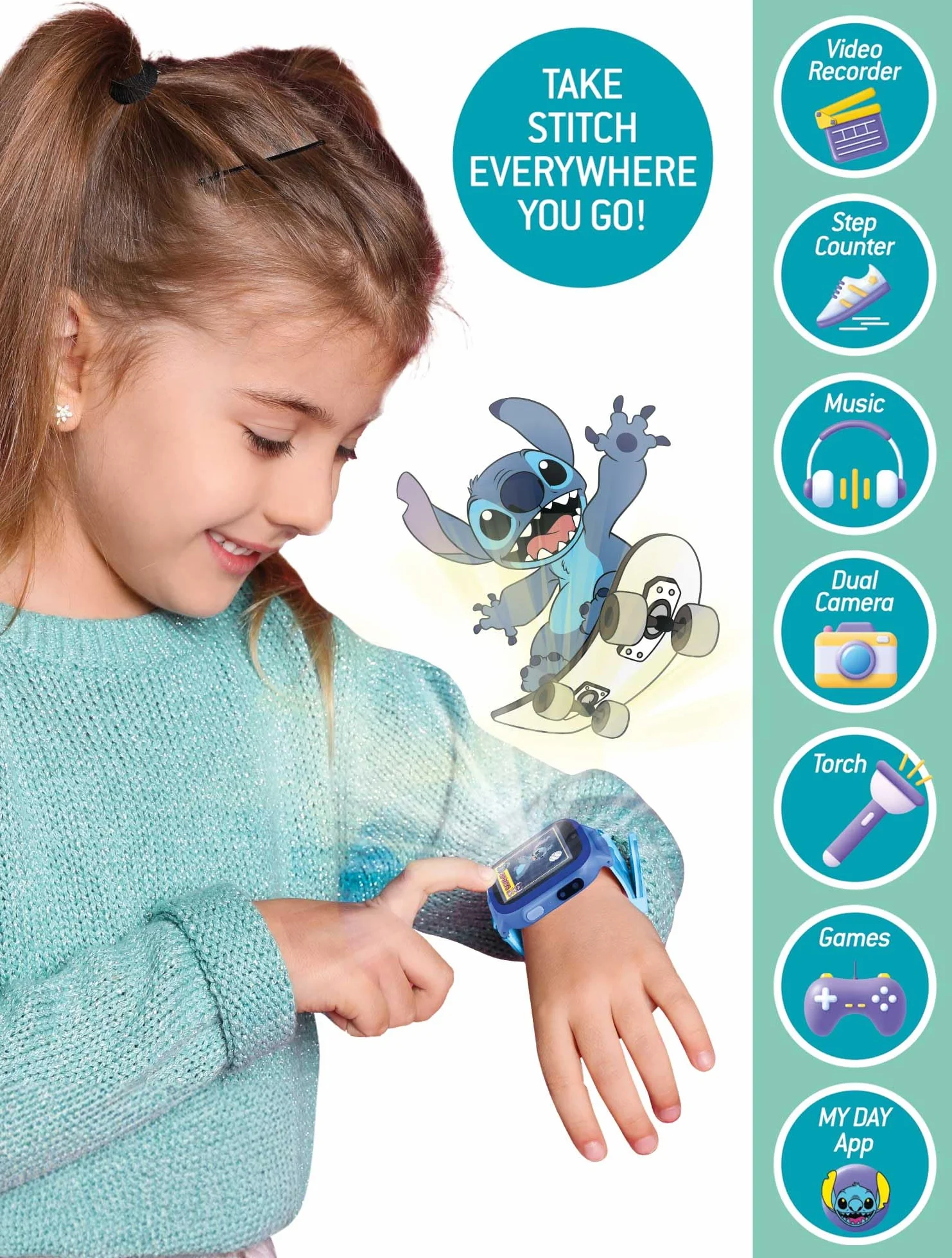 Lisciani STITCH SMARTWATCH - Connected Watch dla dzieci od 7 lat - wymienne tła ściegu - 5 interaktywnych gier - ekran dotykowy - funkcja aparatu, budzika, timera i lampy