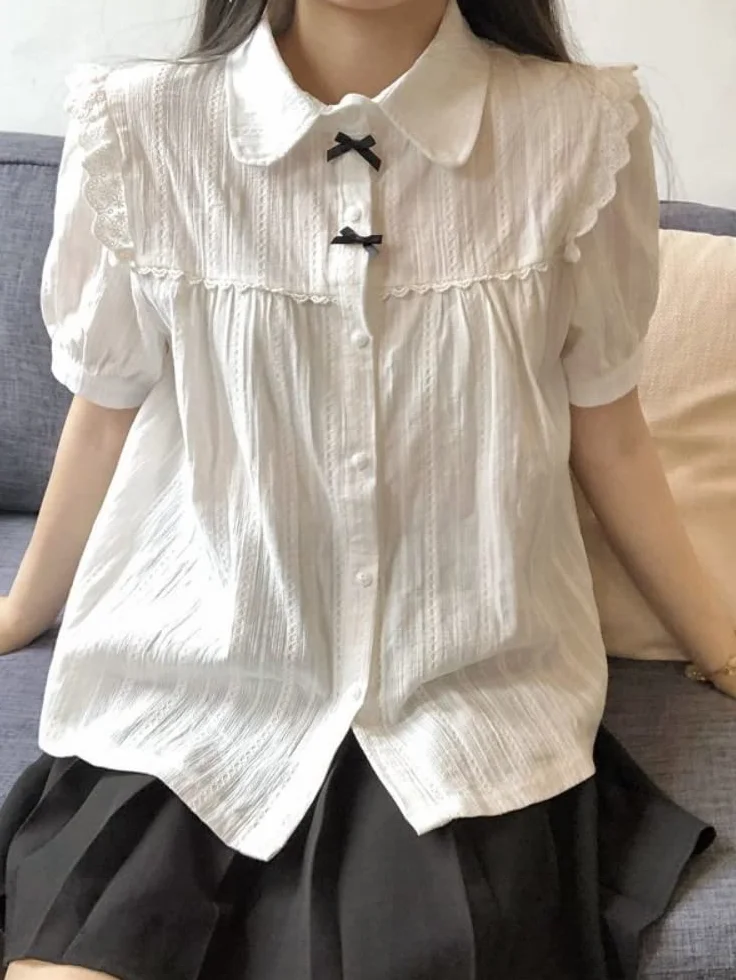 Biała koronkowa bluzka damska gotycki styl preppy vintage kołnierz Piotruś Pan koszula z krótkim rękawem dziewczyna lato śliczny top