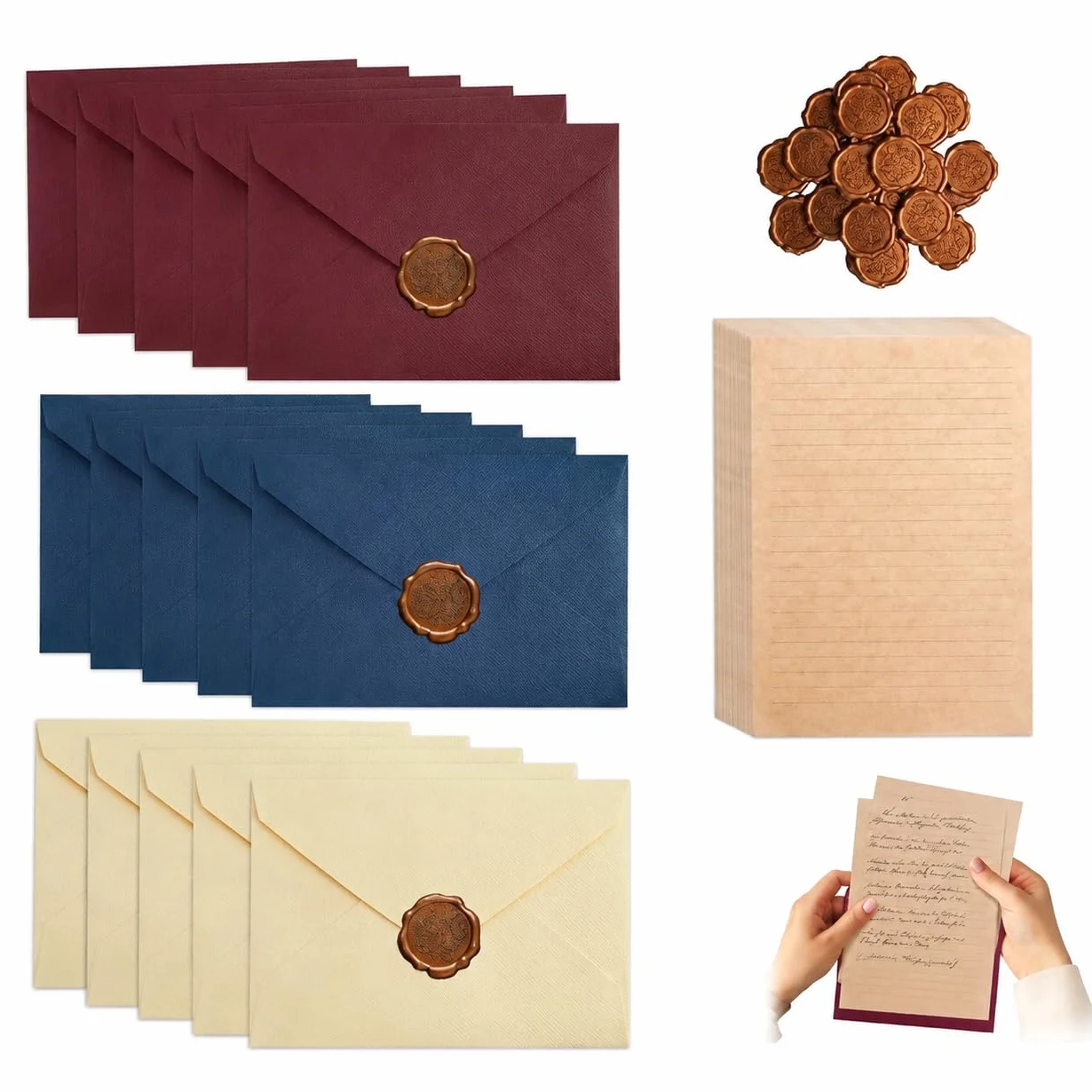 Vintage Papeteria 50 sztuk - Koperty lniane 15 sztuk, papier listowy A5, 20 sztuk, naklejki 15 sztuk - zestaw na kartki z życzeniami i zaproszeniami retro