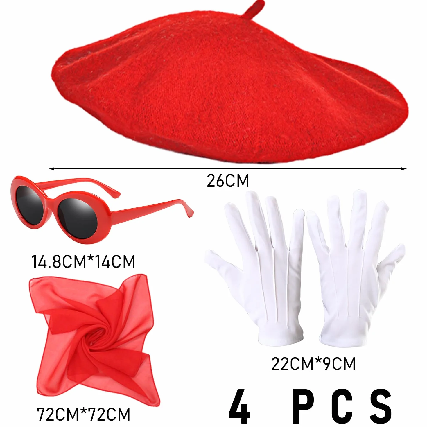 1 x zestaw kostiumów, beret, jedwabny szalik, okulary, rękawiczki, kostium na studniówkę, akcesoria do stroju retro, cosplay, na imprezę, akcesoria do przebrania urodzinowego, Czerwona