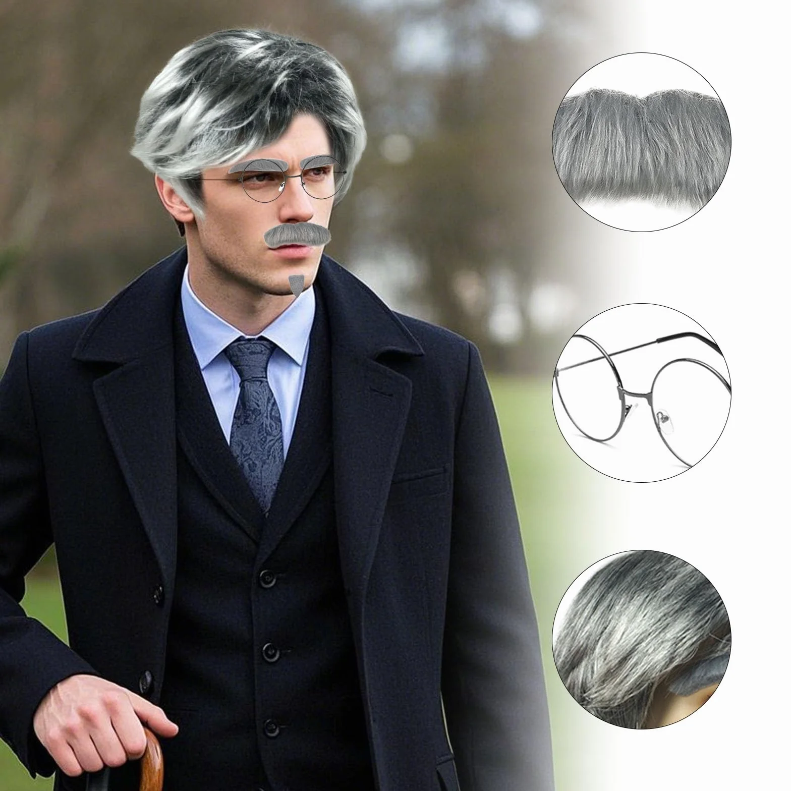 7 sztuk zestaw peruk do kostiumu dziadka, kostium emeryta, cosplay, dziadka, broda, brwi, peruka, czepek pod perukę, starszy mężczyzna, kostium, peruka dziadka, na Halloween, karnawał, akcesoria