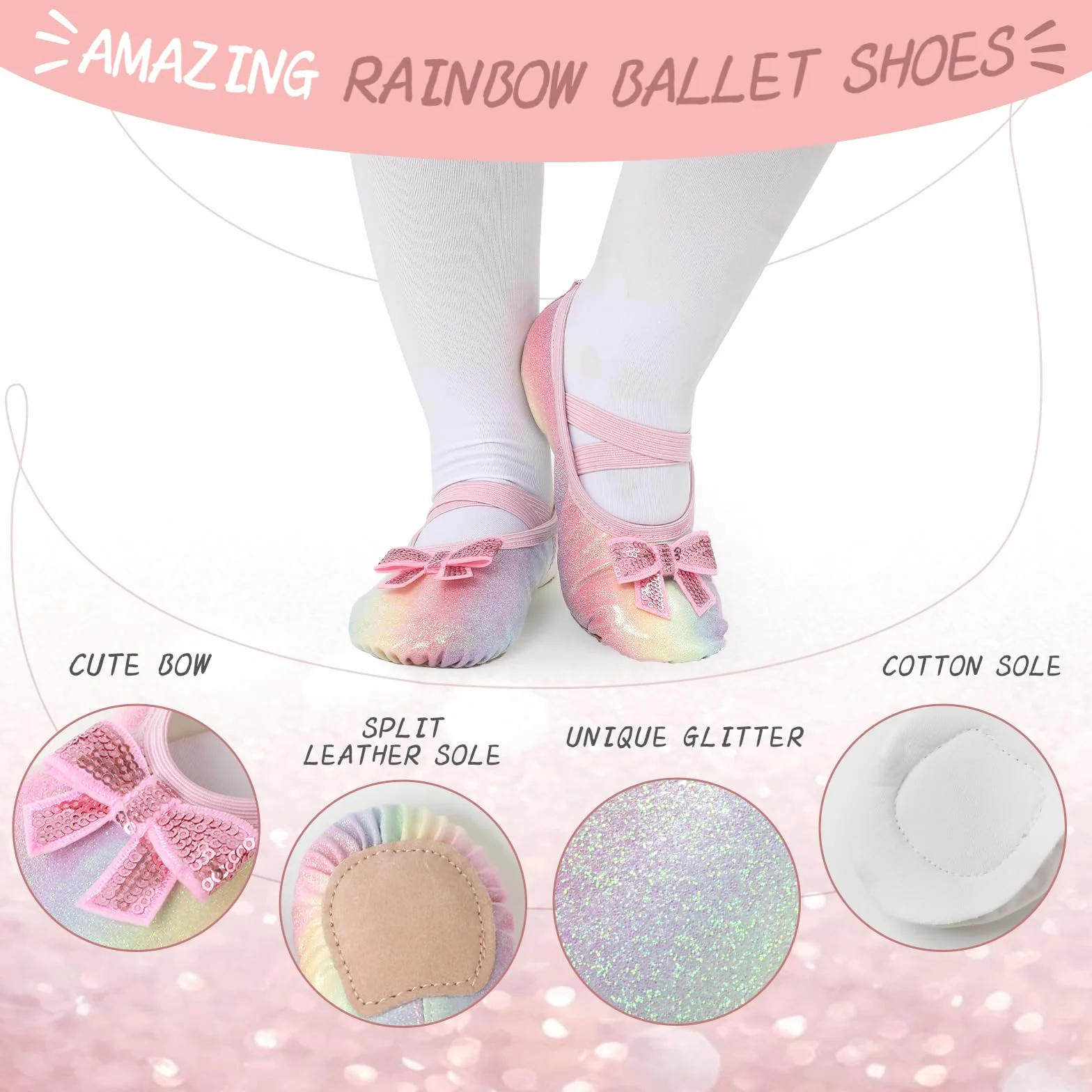 Buty baletowe dla dziewczynek, małych dzieci, brokatowy design z ładnym dzielonym łukiem, buty do tańca do ćwiczeń tanecznych, baletu, występów scenicznych, gimnastyki