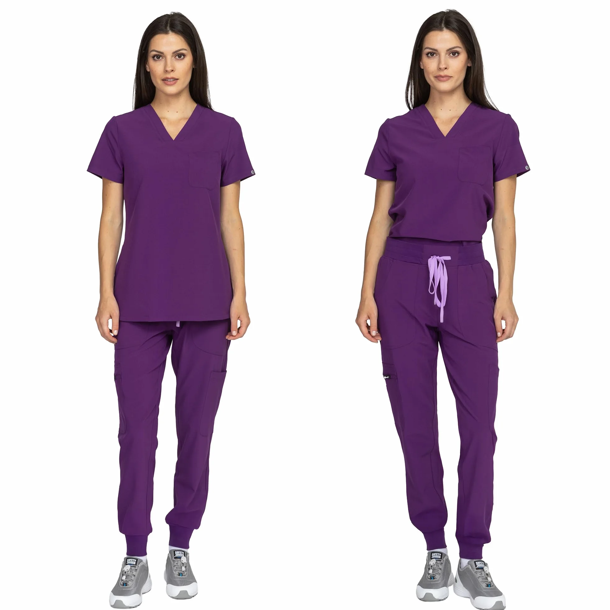 B-well Naomi Damen-Schrubb-Set Schlupfkasack + Schlupfhose Set Medizin Arzt Uniform Schlupfjacke Oberteil mit Hose Medizinische Berufsbekleidung mit Elastan (Aubergine, XL)