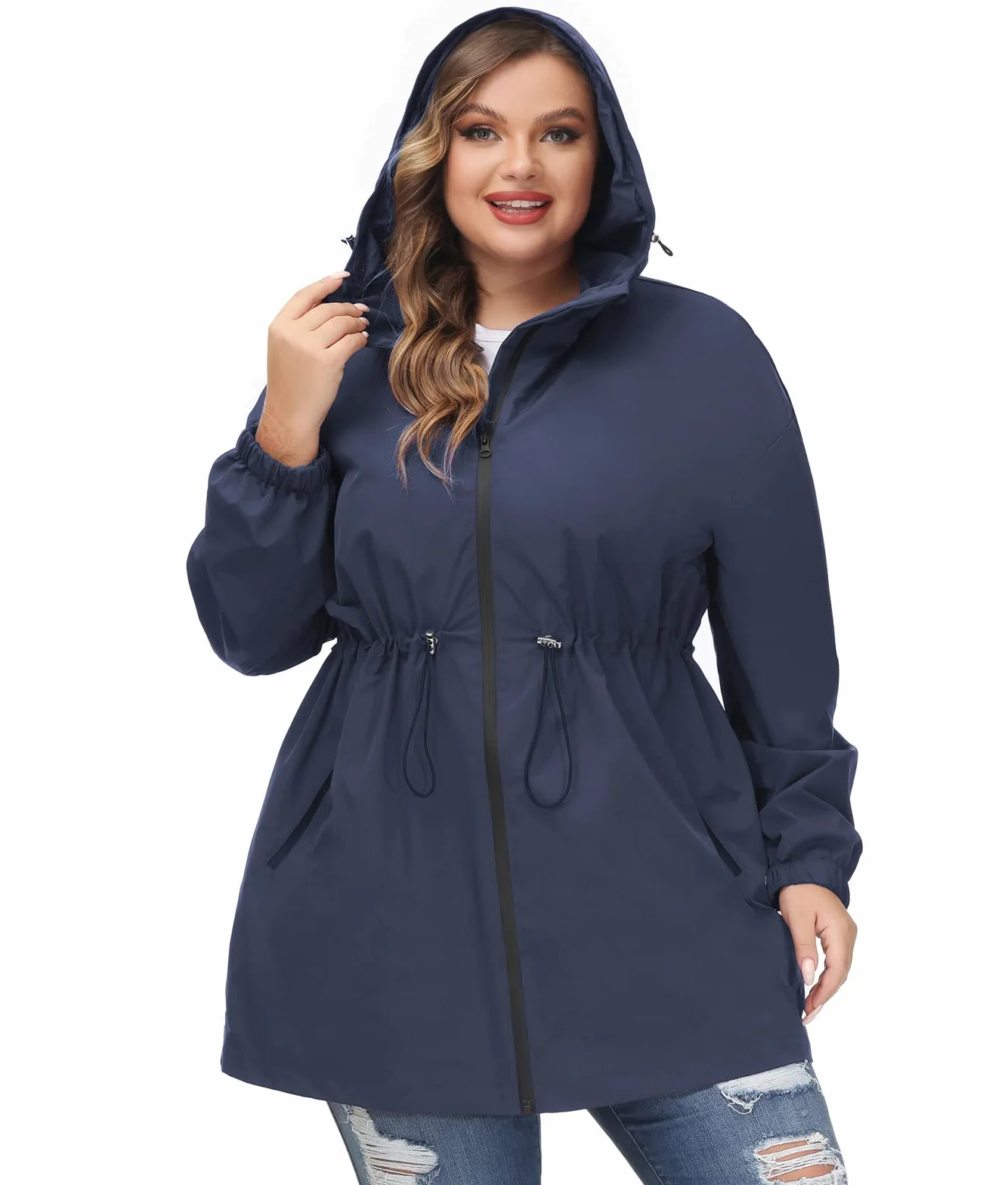 Hanna Nikole Damski płaszcz przeciwdeszczowy z kapturem plus size kurtka outdoorowa wodoodporna wiatrówka