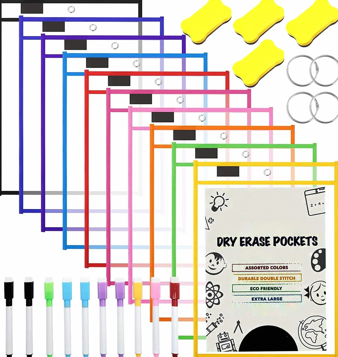 10 sztuk torebek Dry Erase, zmywalne, przezroczyste etui, wielokrotnego użytku, na przybory piśmiennicze, wielokolorowe, zmywalne na sucho, do klasy, biura, domu