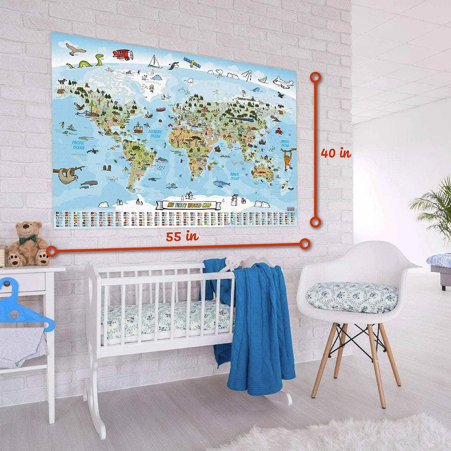 Towar + gadżety - panoramiczna mapa świata dla dzieci w rozmiarze XXL - 140 x 100 cm, całkowicie ręcznie rysowana i kolorowana (Angielski)