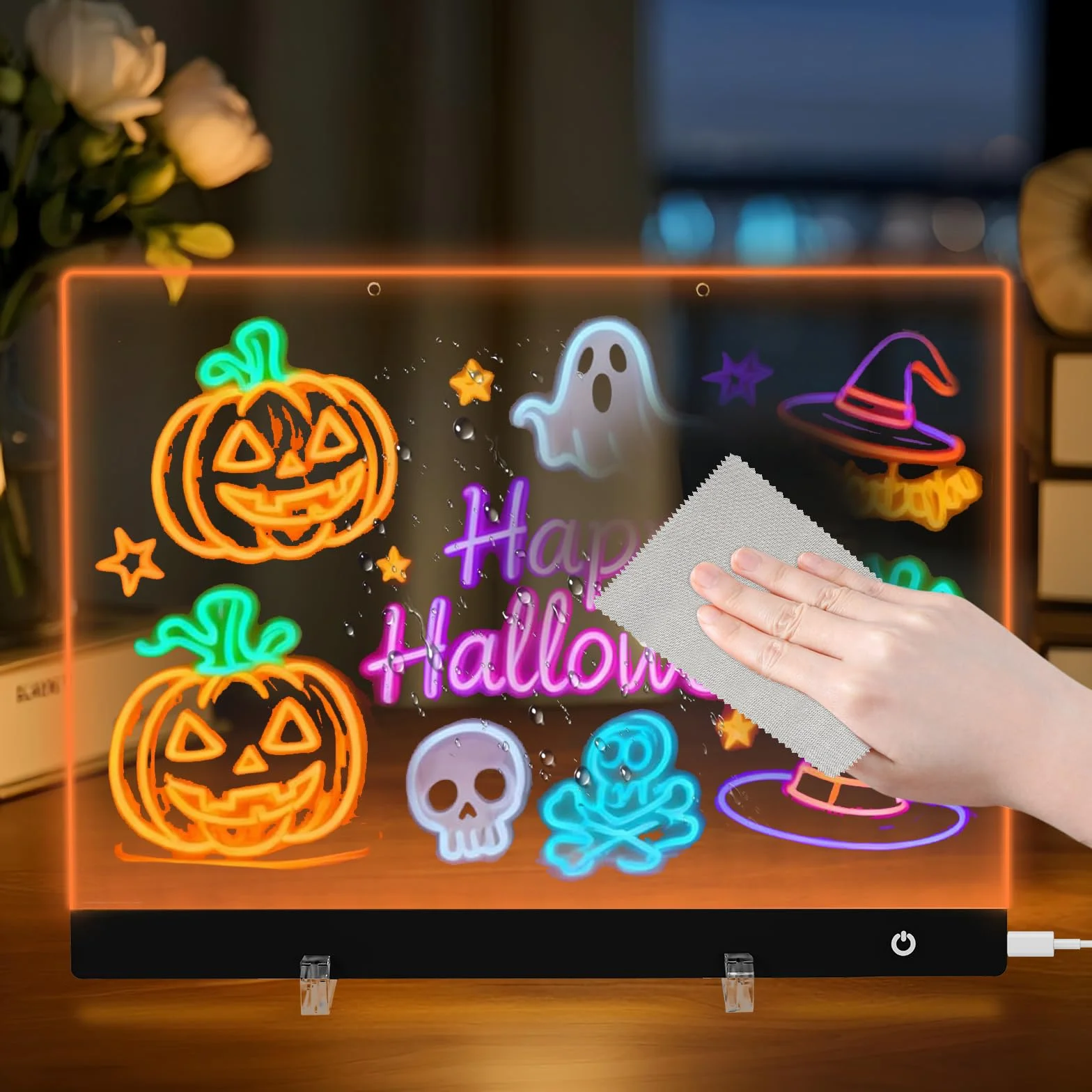Tablica LED na notatki, 35x25cm akrylowa tablica dla dzieci, 6 kolorów i 5 trybów świecąca tablica informacyjna, Podświetlana tablic do pisania z 7 kolorowymi długopisami/stojakami/łańcuszkami