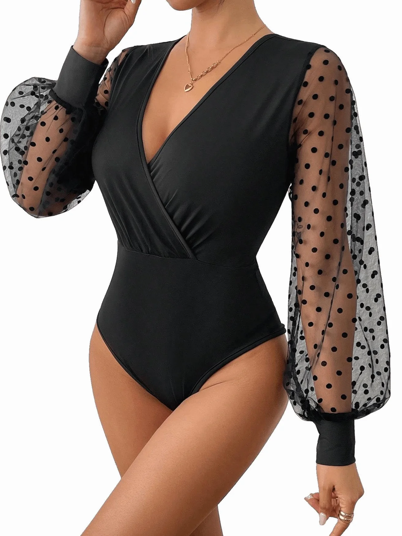 GORGLITTER Blusenbody damskie body bluzki z długim rękawem, w kropki, siateczkowe body, dekolt w serek, bufiaste rękawy, elegancka bluzka z długim rękawem