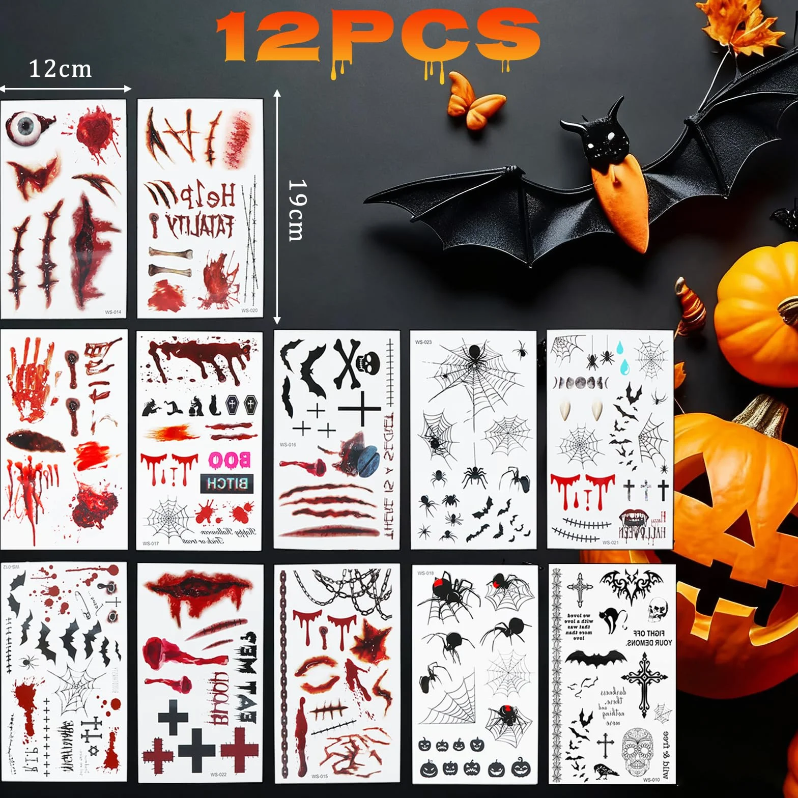 12 arkuszy tatuaży na Halloween, kostium dla kobiet i mężczyzn, tatuaż na twarz, blizny, rany, nietoperz, twarz, naklejki, tymczasowe tatuaże, akcesoria dla wampira, zombie, diabła, czarownicy