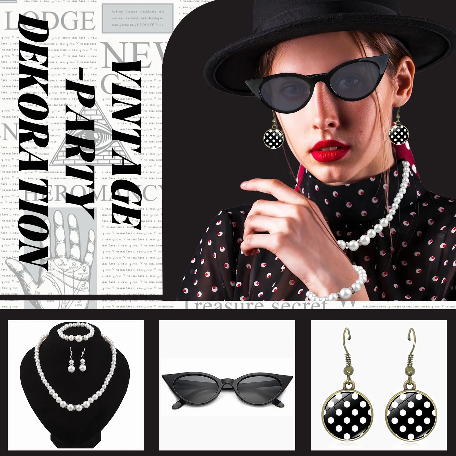Grantop Akcesoria damskie w stylu lat 50. XX wieku, 12-częściowy zestaw akcesoriów damskich w stylu rockabilly z lat 50., retro akcesoria do kostiumu z szyfonowym szalikiem, rękawiczkami, opaską na