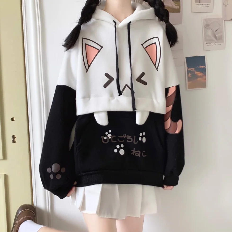 Himifashion Urocza bluza z kapturem dla nastolatek kawaii kot nadruk pulower topy z kapturem plus aksamitna bluza luźne ciepłe bluzy z kapturem