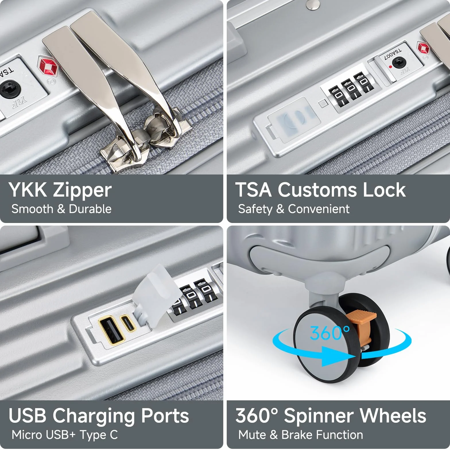 Sea choice Bagaż otwierana z przodu 20-calowa walizka PC z twardą skorupą Bagaż podręczny z zamkiem i blokadą TSA 4 kółka Porty USB do ładowania i uchwyt na kubek
