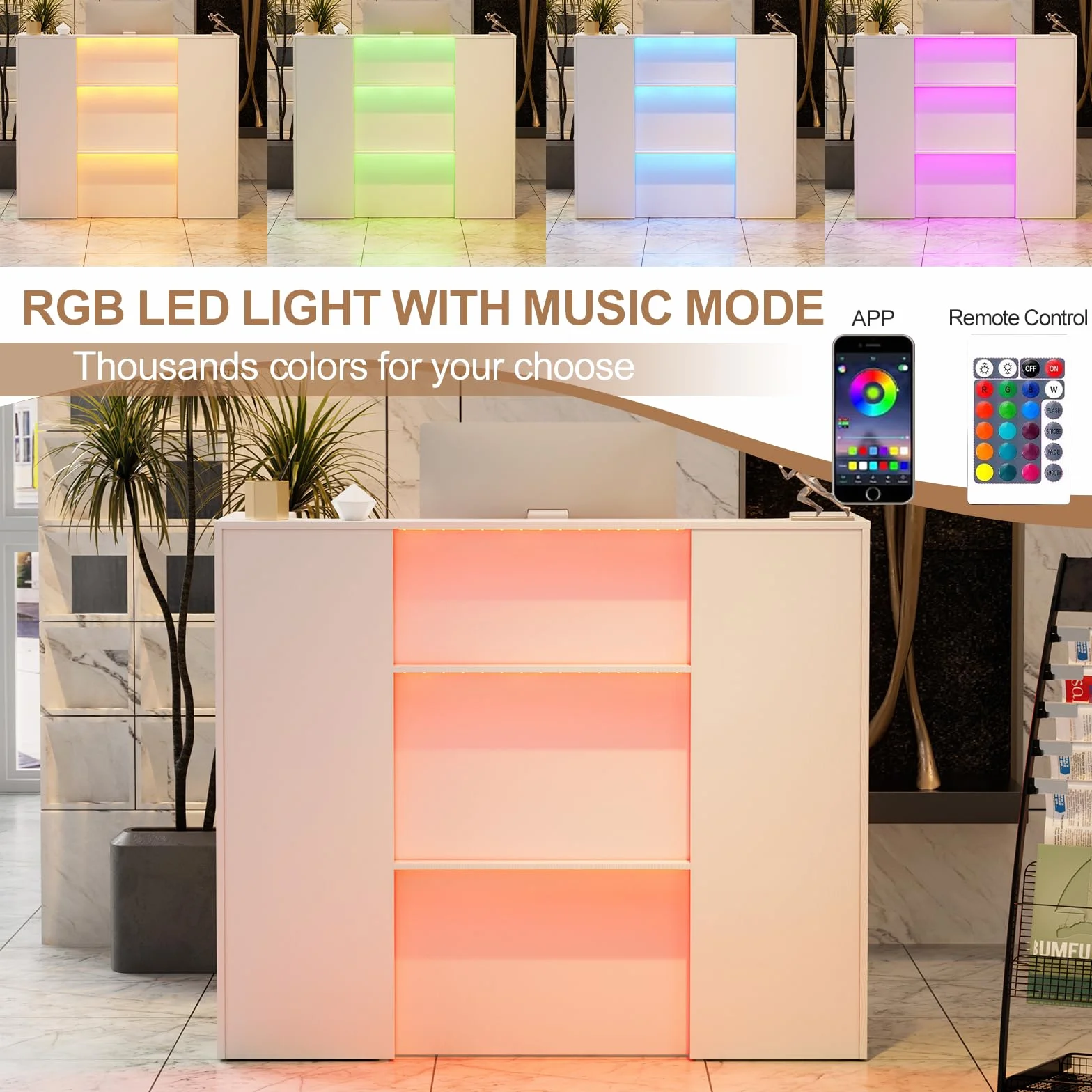 Lada recepcyjna z diodami LED, lada sprzedażowa 120 cm x 100 cm x 50 cm z zamykanymi szufladami i półkami, lada recepcyjna z dużą powierzchnią roboczą, lada recepcyjna do biura, salonu, sklepu lub