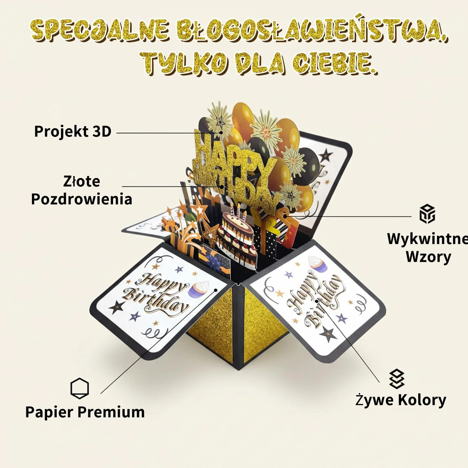 Kartka urodzinowa, Kartka urodzinowa 3D Pop-Up Happy Birthday, Ręcznie składana kartka z kopertą, Prezent urodzinowy dla żony, dziewczyny, mężczyzn i przyjaciół – Czarne złoto 18x19CM