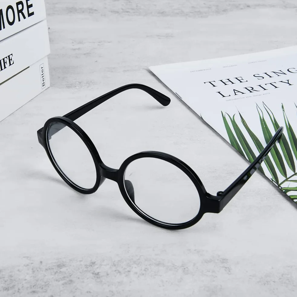AOMIG Okrągłe okulary czarodzieja, czarna okrągła oprawka okularów bez soczewek, retro okulary czarodzieja dla dorosłych, plastikowe okulary fantazyjne akcesoria do kostiumu na imprezę