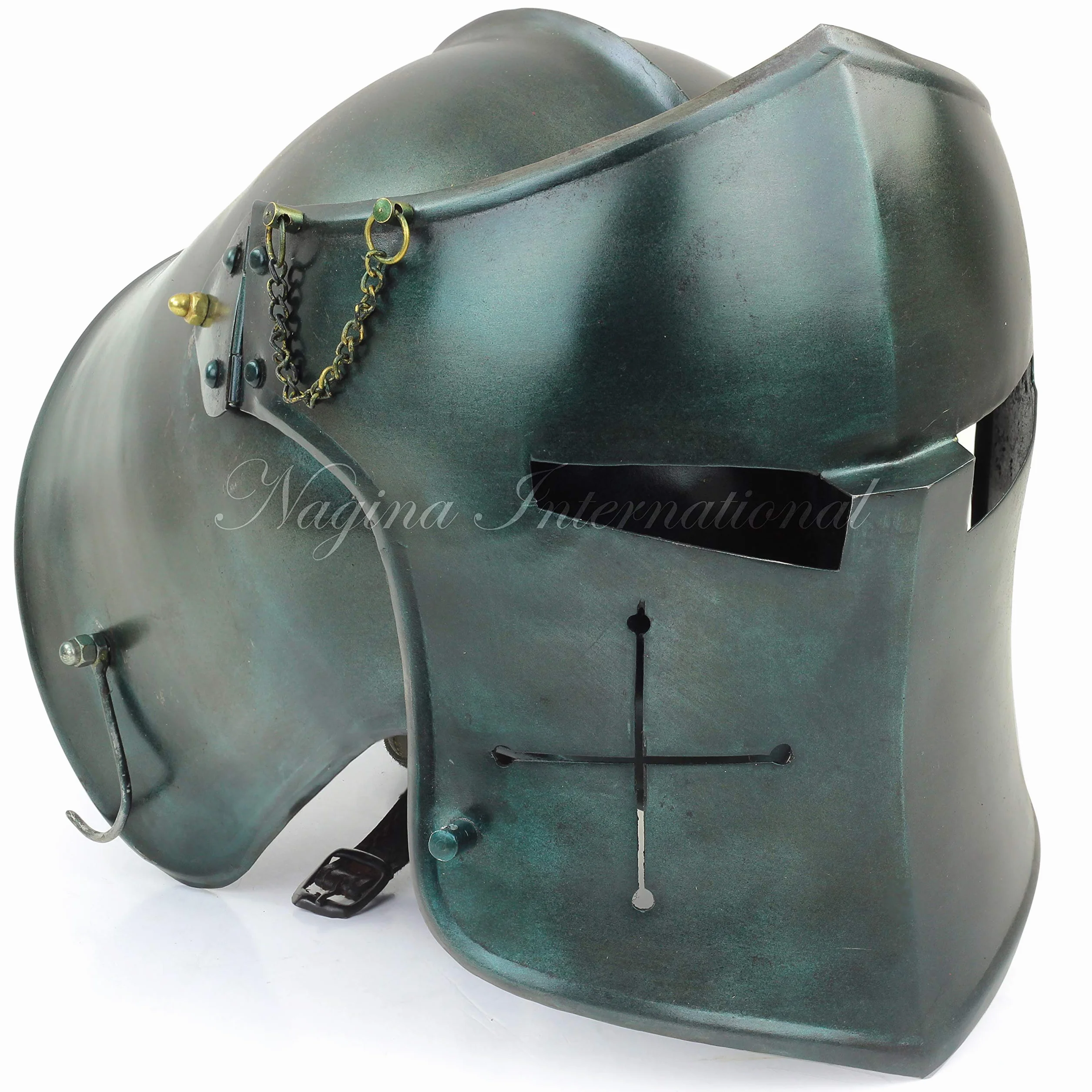 Nagina International średniowieczna stal szczotkowana Barbuta Knights Armory Templar Crusader's Helmet Rekwizyty i kostiumy Kask dla larperów (zieleń wojskowa)