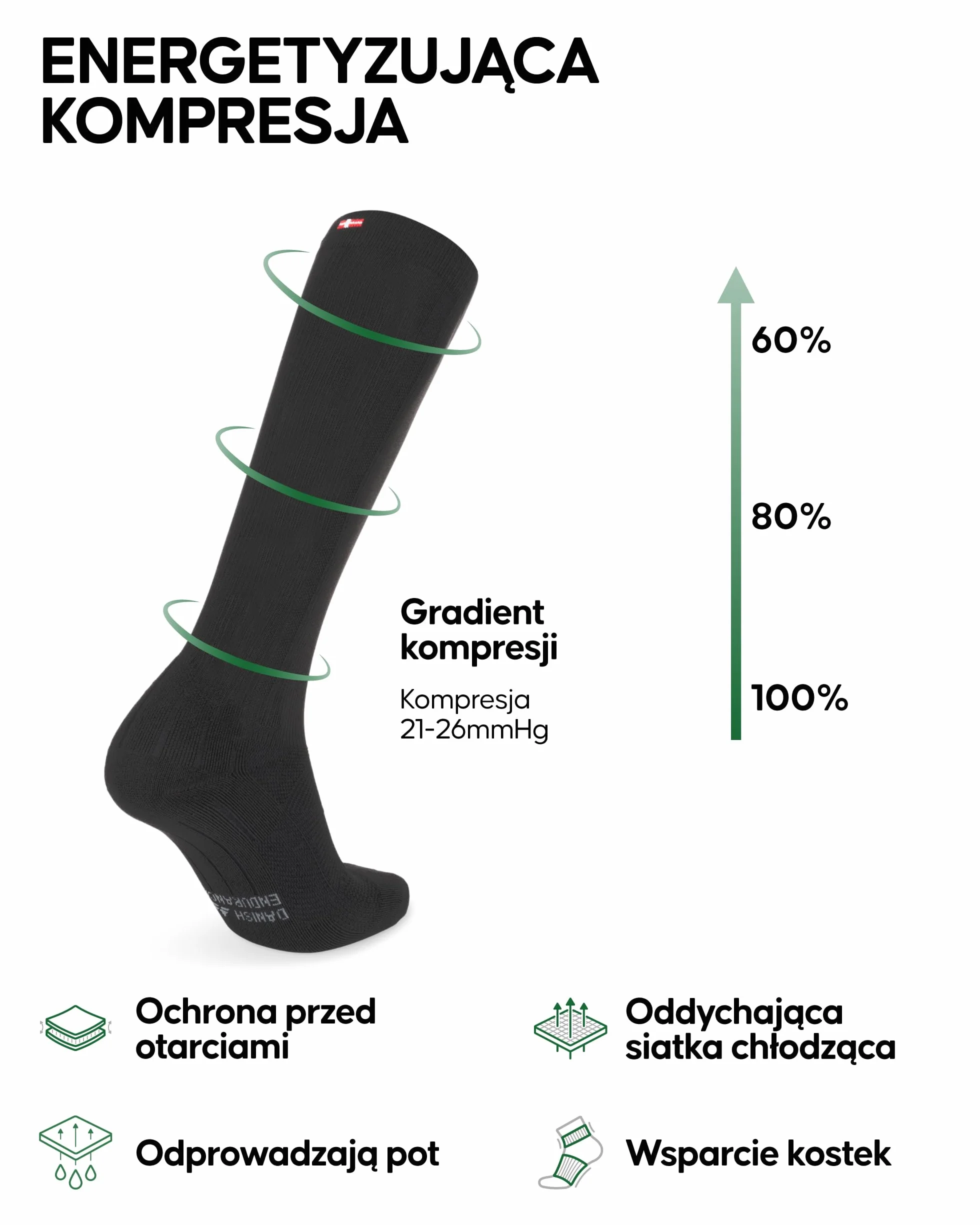 DANISH ENDURANCE Skarpety Kompresyjne do Biegania i Podróży, 21-26 mmHg, dla Kobiet i Mężczyzn, 2-Pak, Czarny 2-pack, 43-47