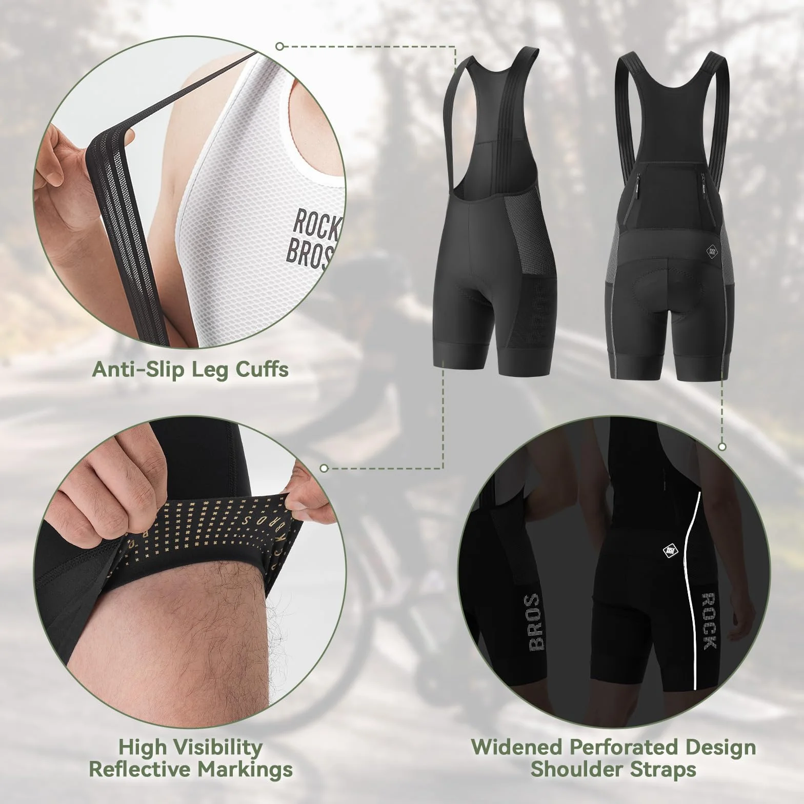 ROCKBROS Letnie męskie spodenki rowerowe z szelkami, spodenki z 5 kieszeniami, oddychające i elastyczne ergonomiczne wyściełane antywibracyjne do rowerów szosowych i MTB, czarne