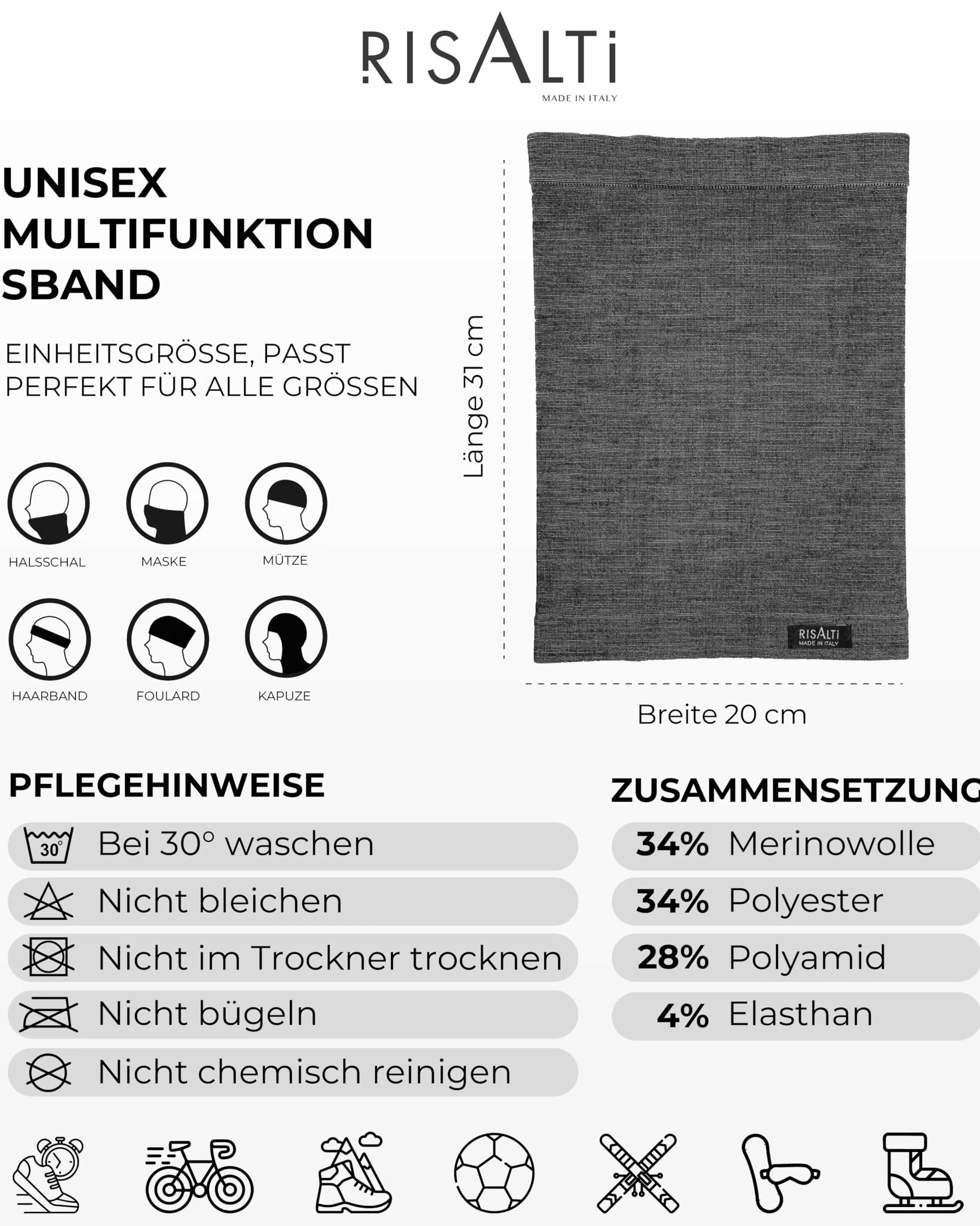 Risalti Komin Unisex z Wełny Merino Bipack – Komin Termiczny Bezszwowy Oddychający Elastyczny Dodatek Zimowy, Kominiarka Outdoor na Narty Snowboard Bieganie Rower – Made in Italy