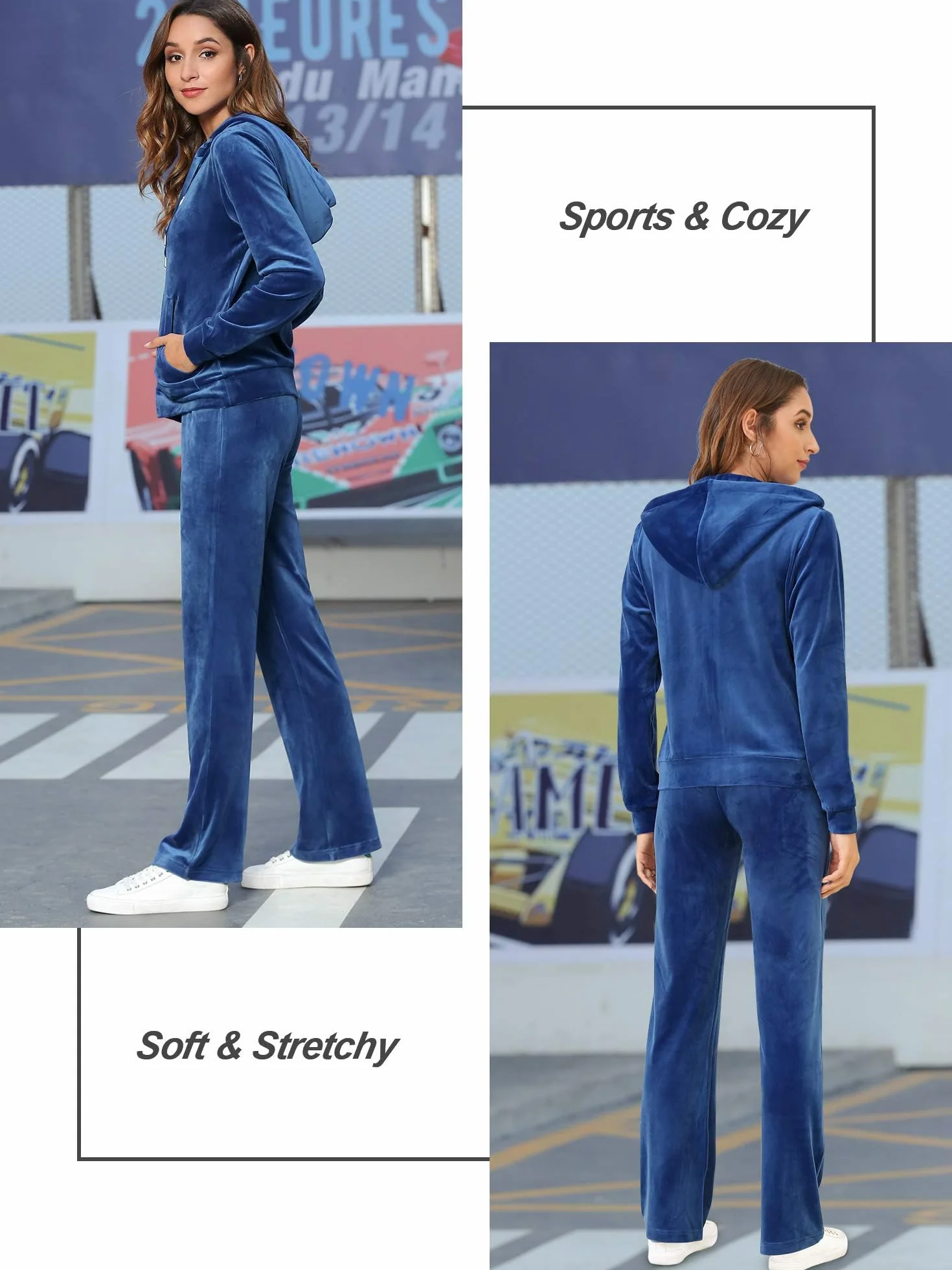 MessBebe Dres treningowy damski, domowy, zestaw, welur, dres sportowy, strój rekreacyjny, 2-częściowy, kurtka z kapturem, z długim rękawem, zamek błyskawiczny, długie spodnie sportowe na wiosnę